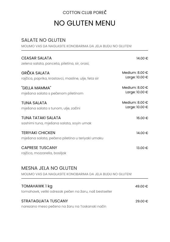 Menu di Cotton Club Porec 