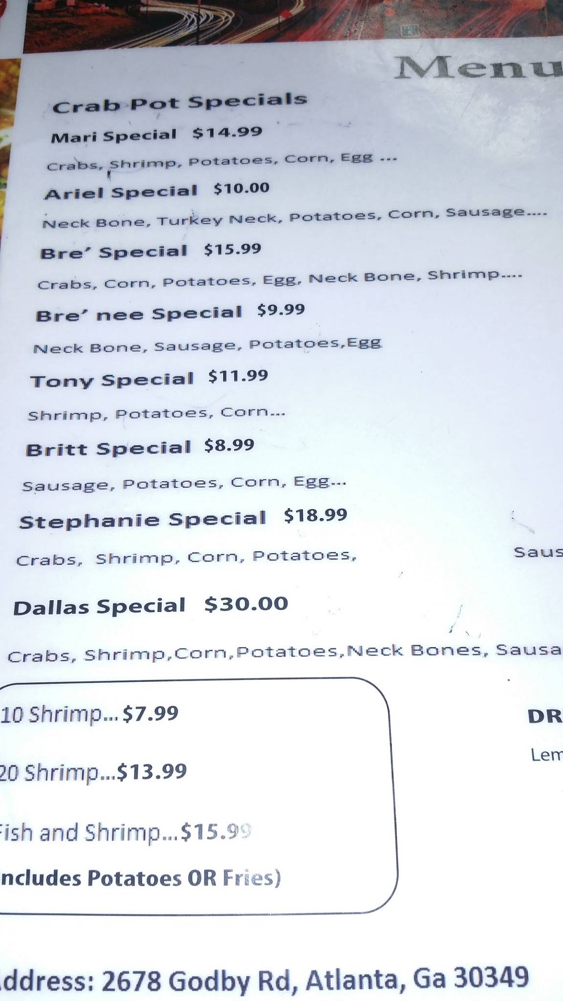 Menu at Crab Pot Lounge restaurant, College Park, Old National Hwy