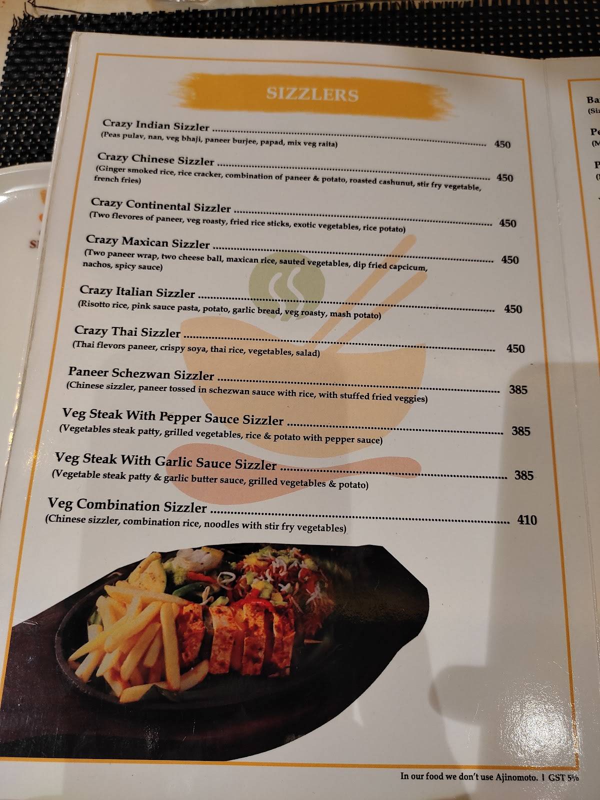 The Iraj crazy Sizzlers menu