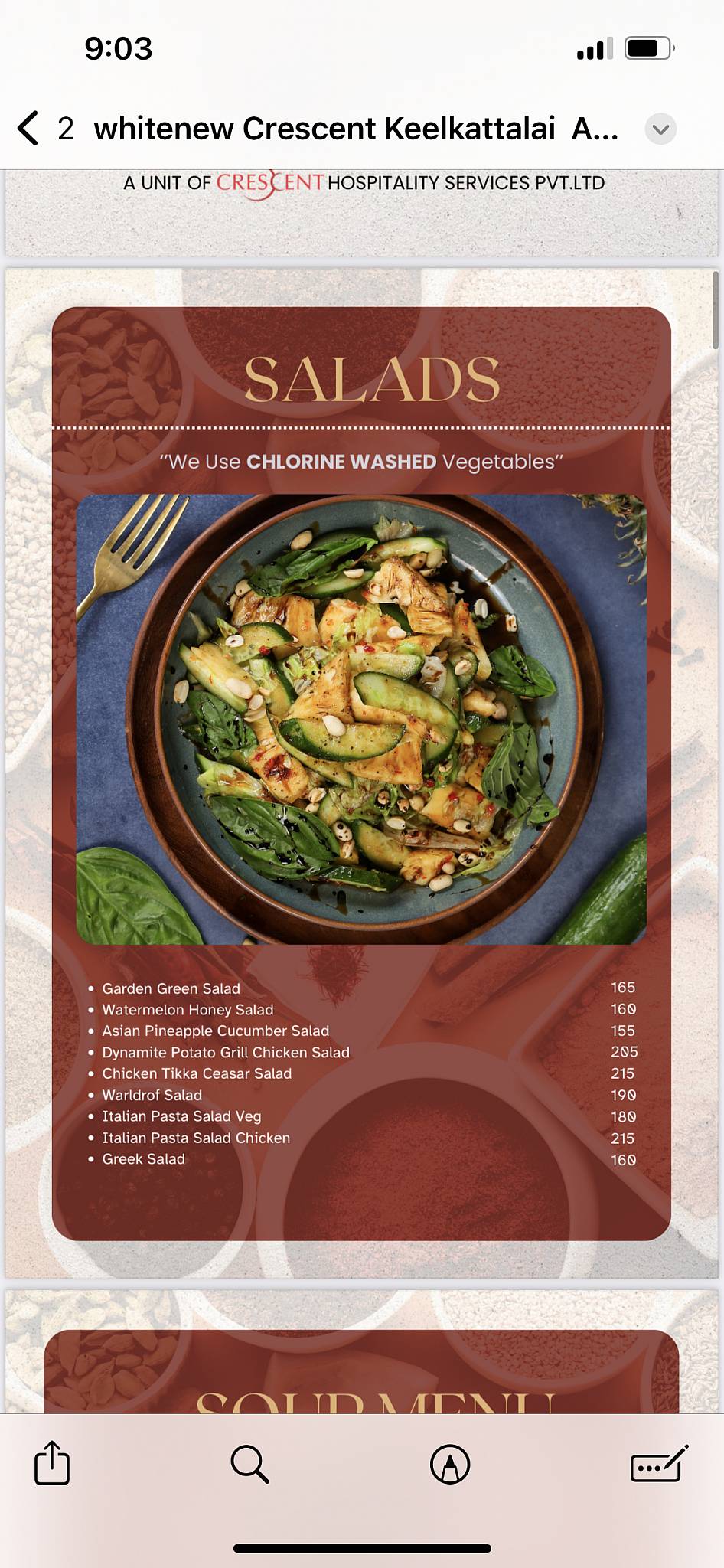 Crescent Restaurant, Keelkattalai menu