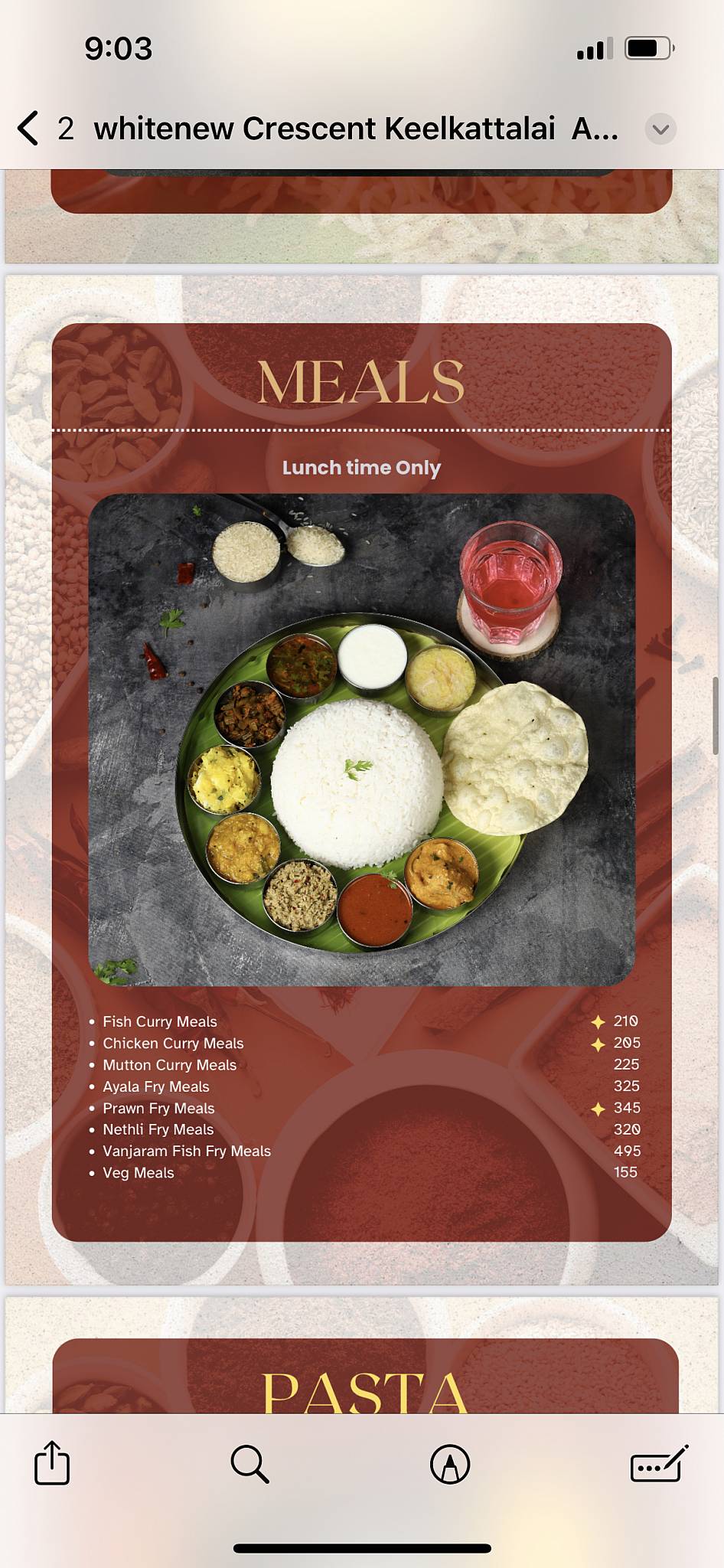 Crescent Restaurant, Keelkattalai menu