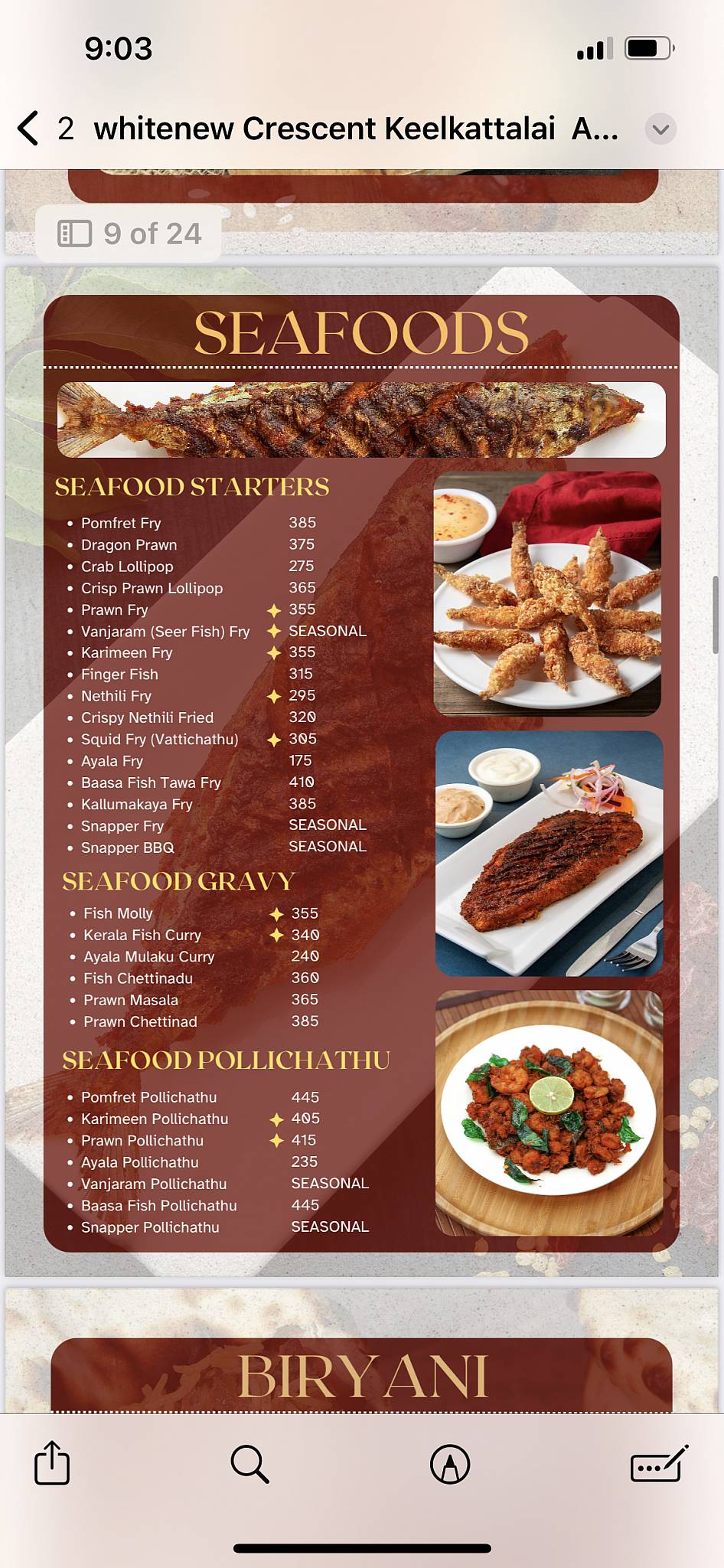 Crescent Restaurant, Keelkattalai menu