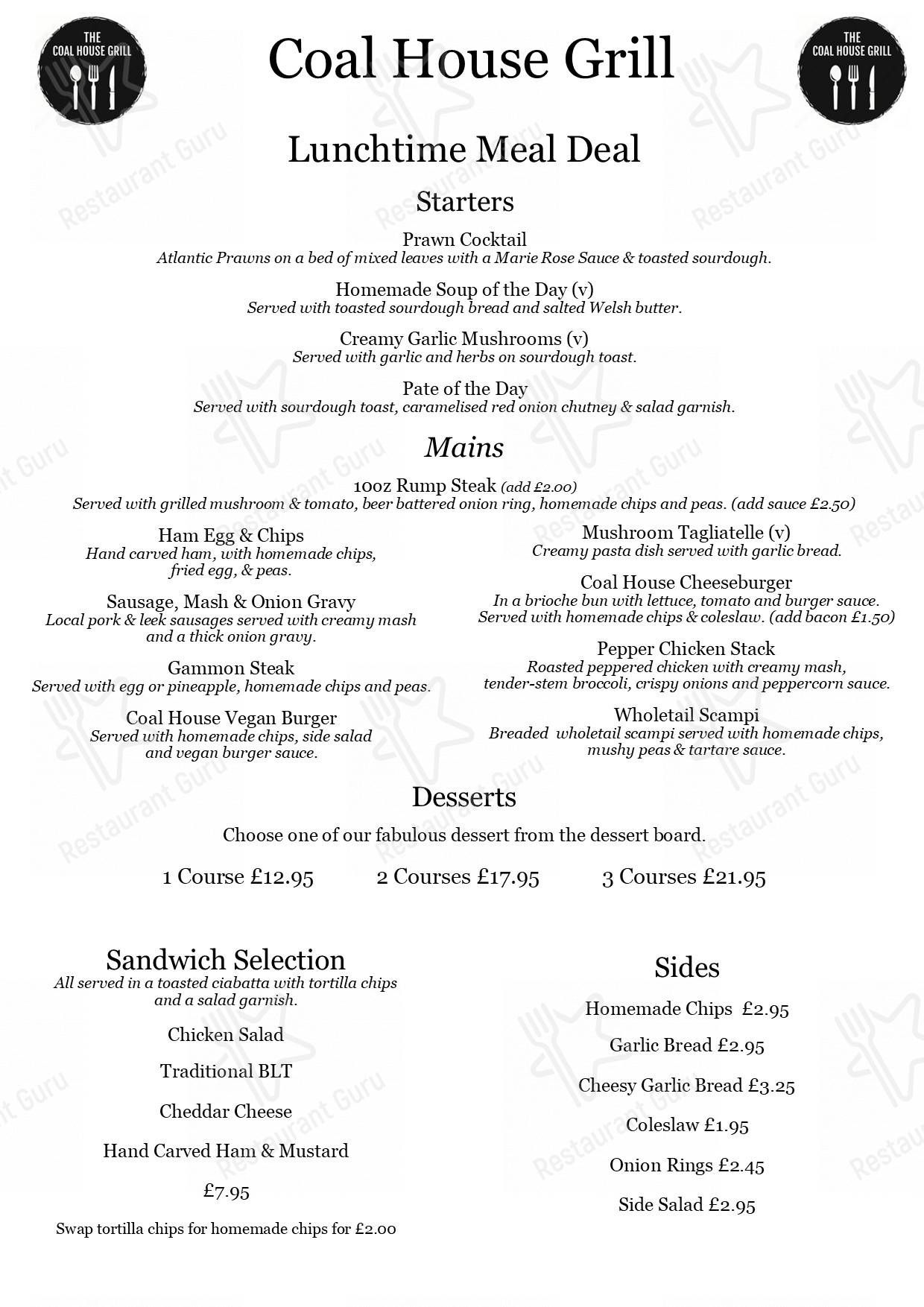 Menu at The Coal House Grill restaurant, Cross Hands