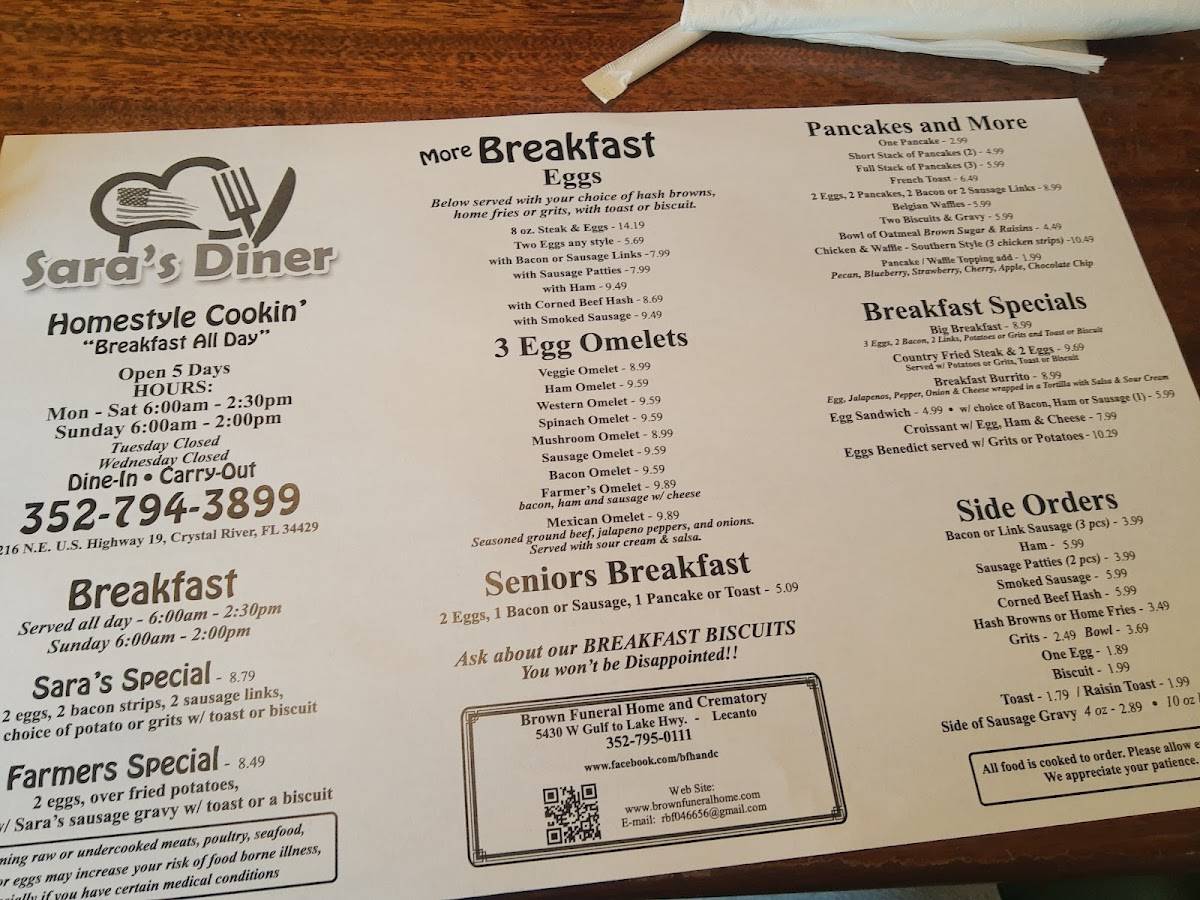 Menu at Sara's Diner restaurant, Crystal River