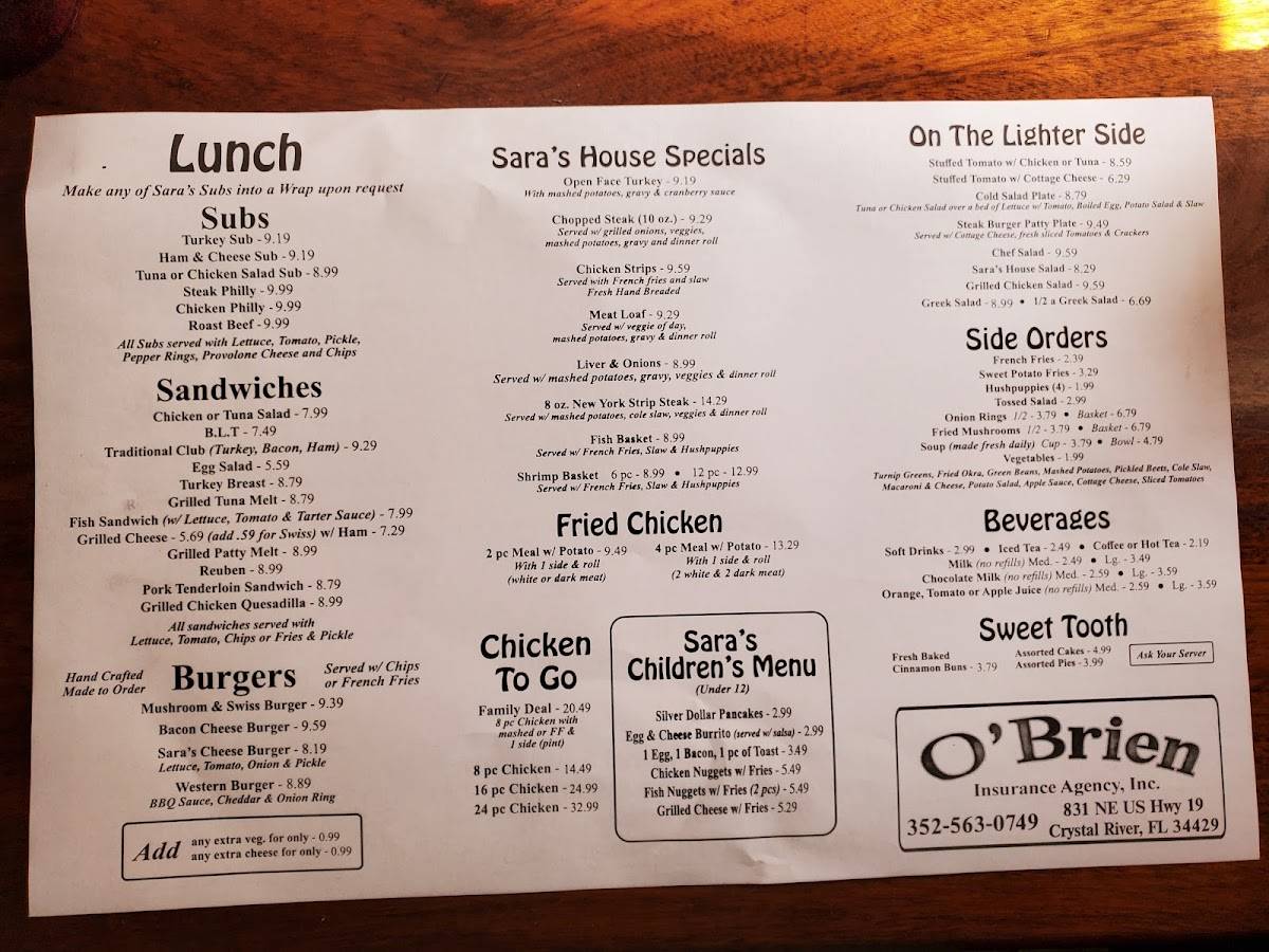 Menu at Sara's Diner restaurant, Crystal River