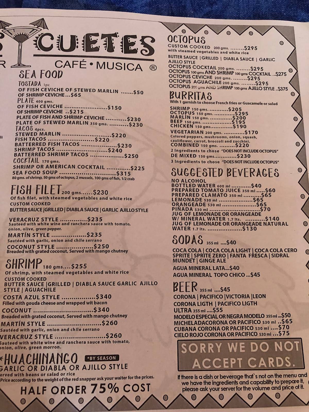 Menu at Cuates y Cuetes restaurant, Puerto Vallarta