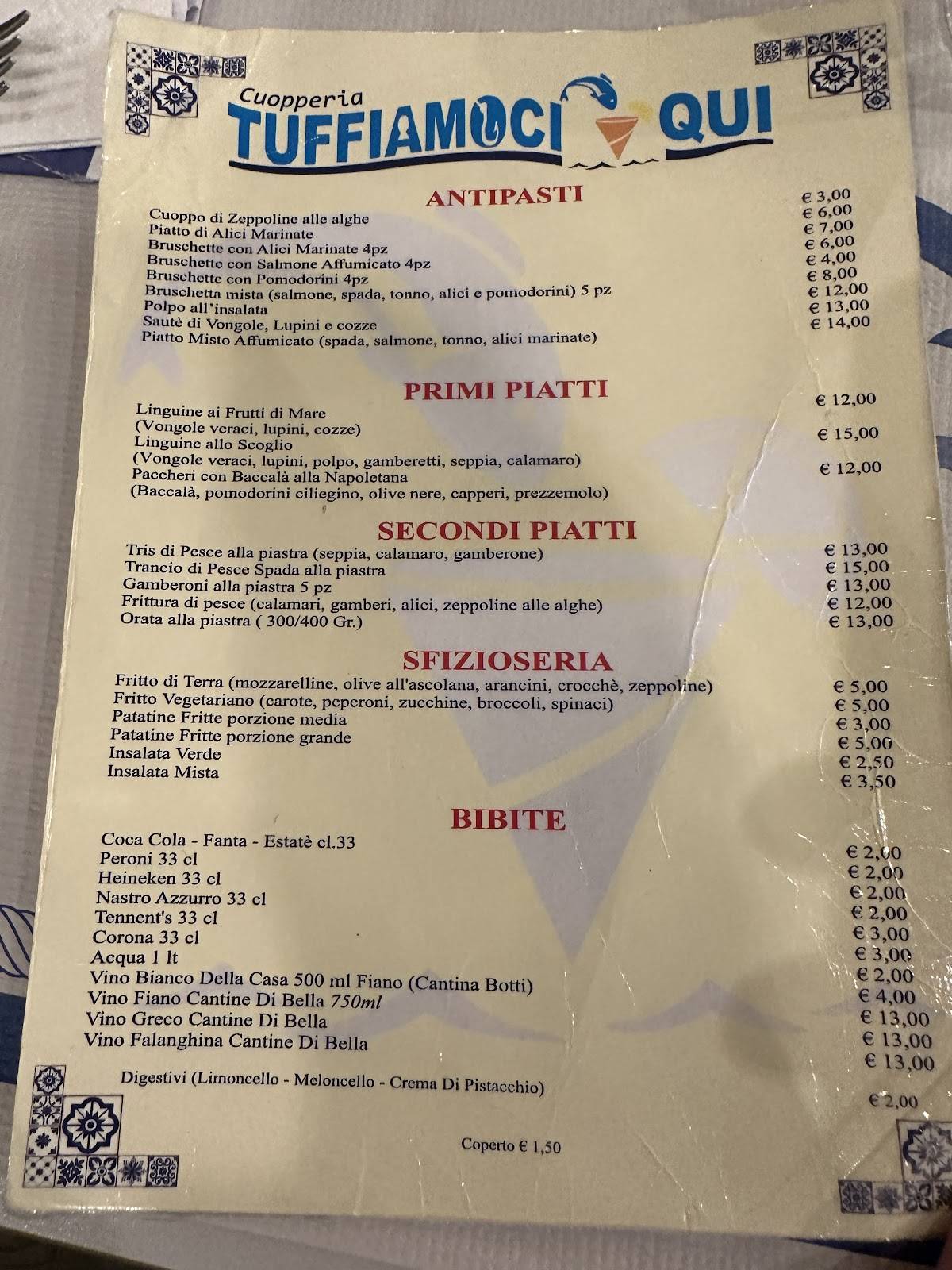 Menu di Cuopperia TUFFIAMOCI QUI 