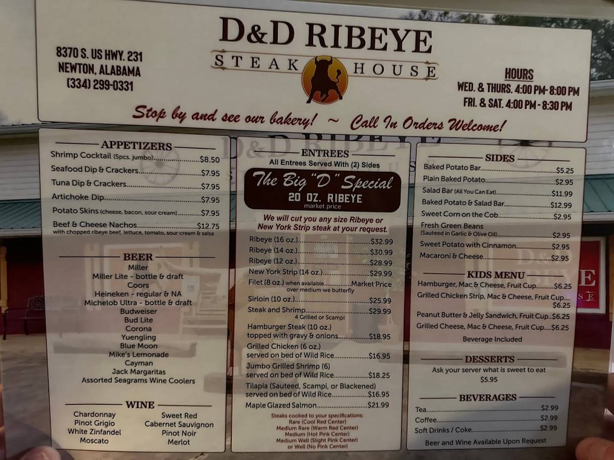 Menu at D&D Ribeye Steak House steakhouse, Newton, US231