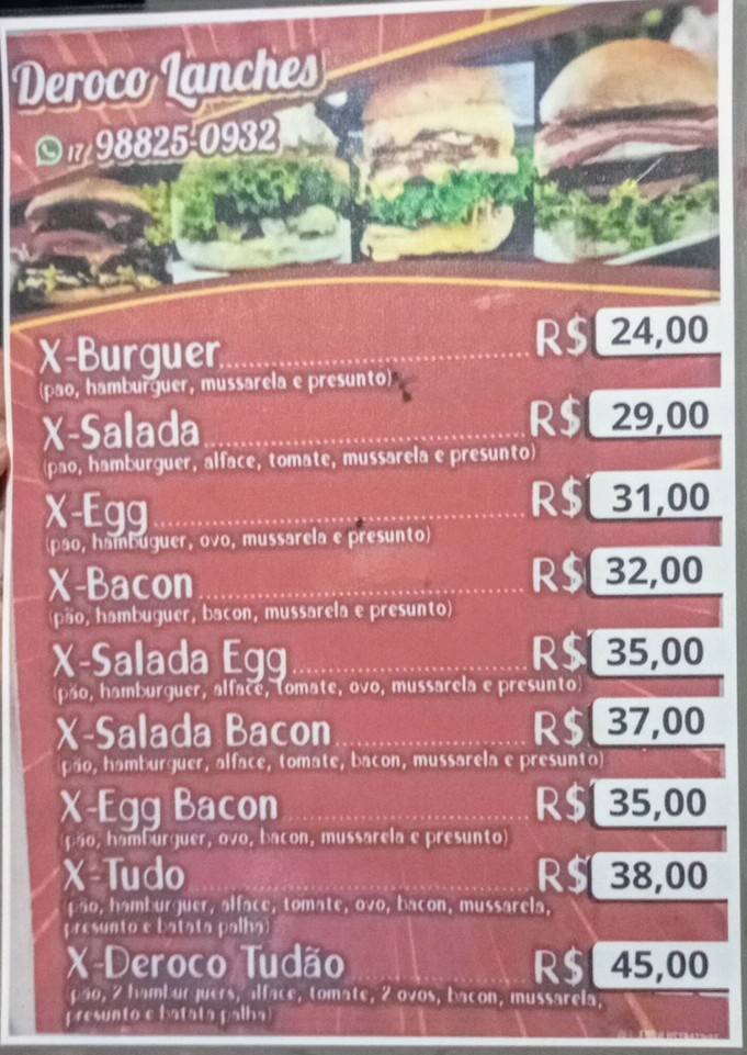 DEROCO LANCHES cardápio
