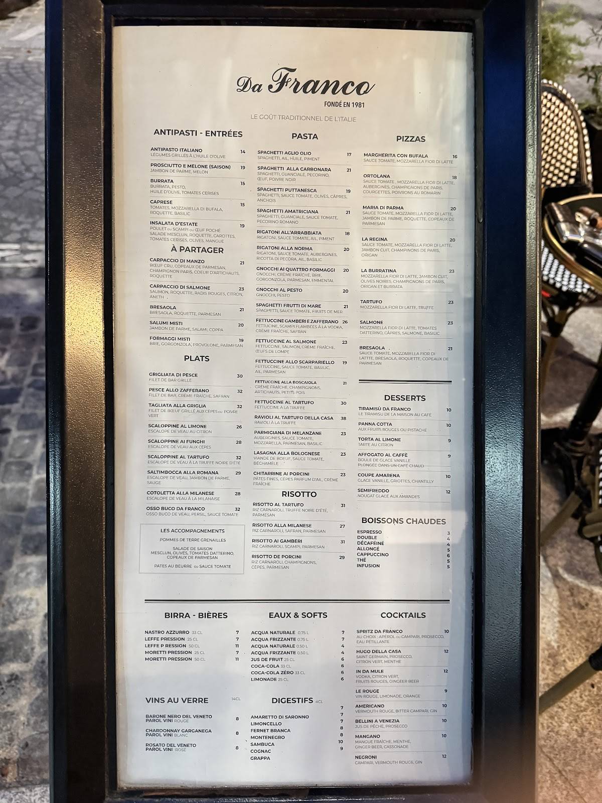 Menu de Da Franco