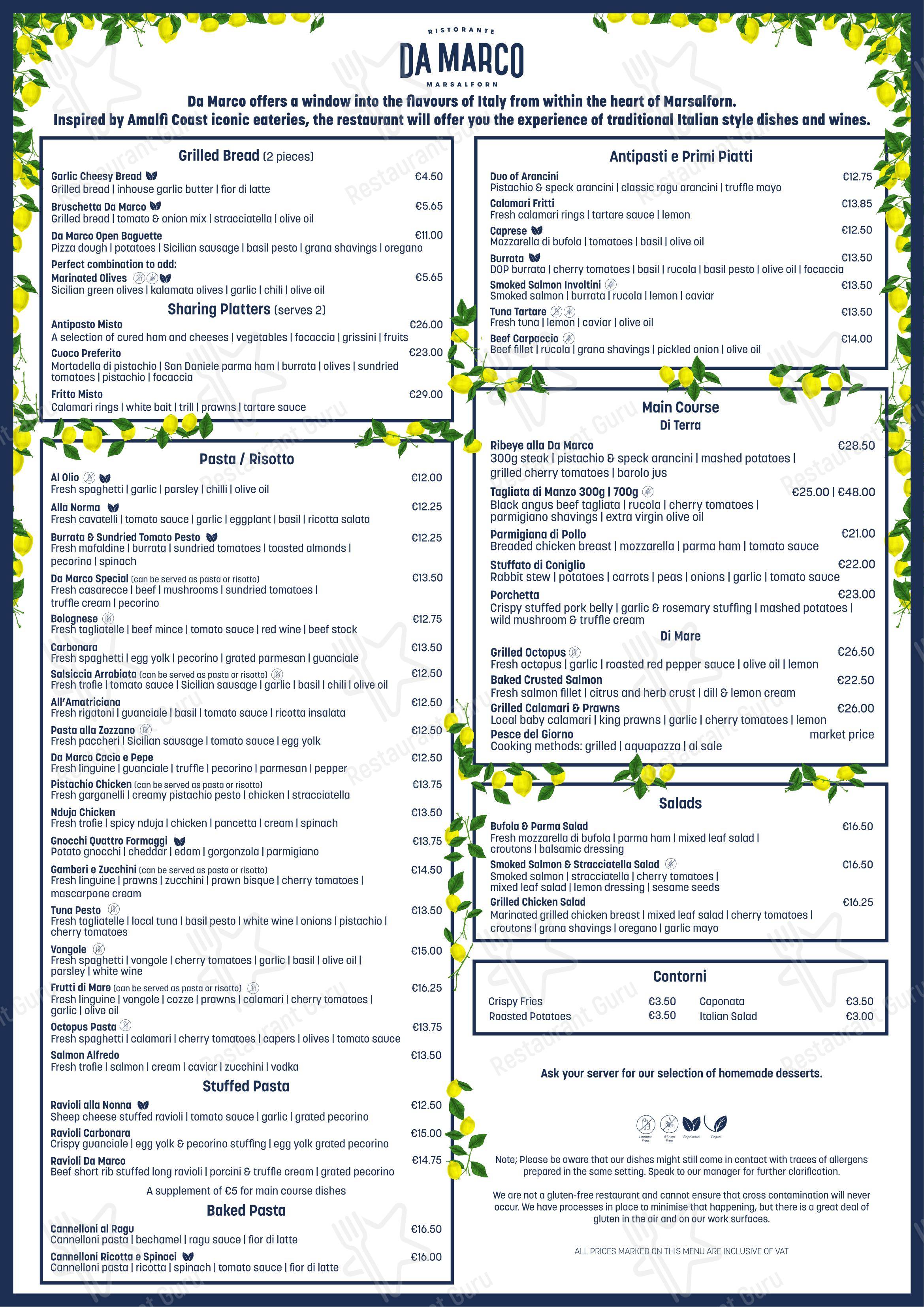 Menu pour Da Marco Ristorante restaurant
