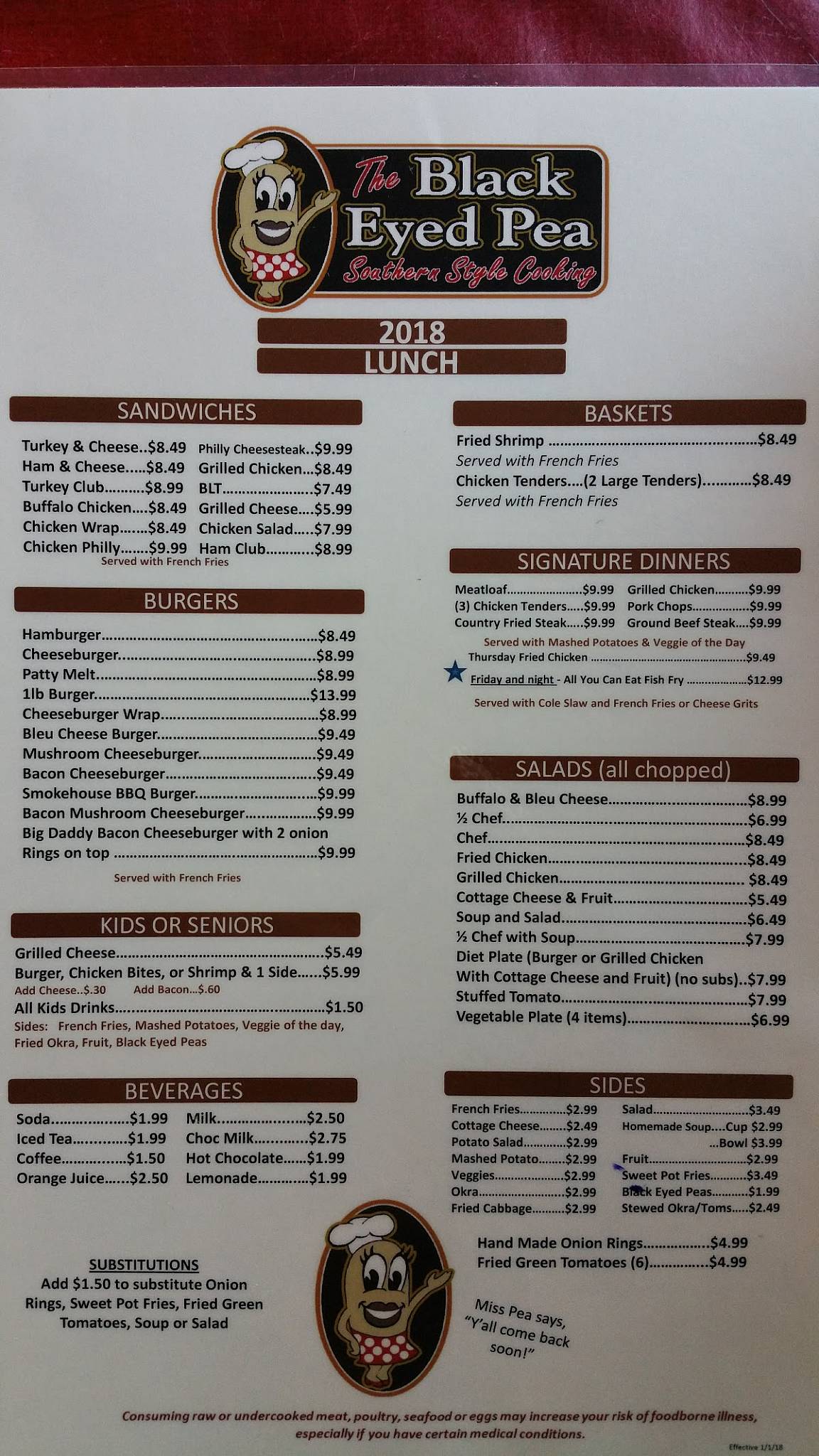 Menu at The Black Eyed Pea restaurant, Dade City, US301