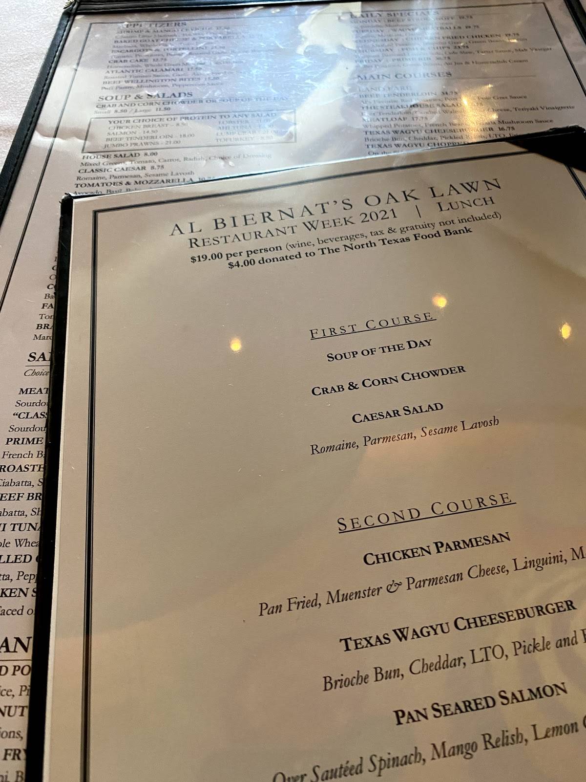 Menu at Al Biernat's steakhouse, Dallas