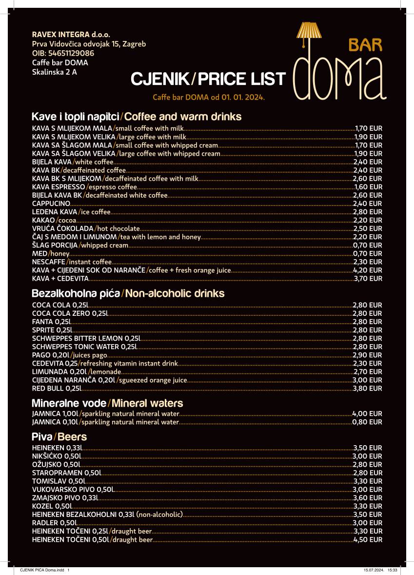 Menu di Caffe bar doma 