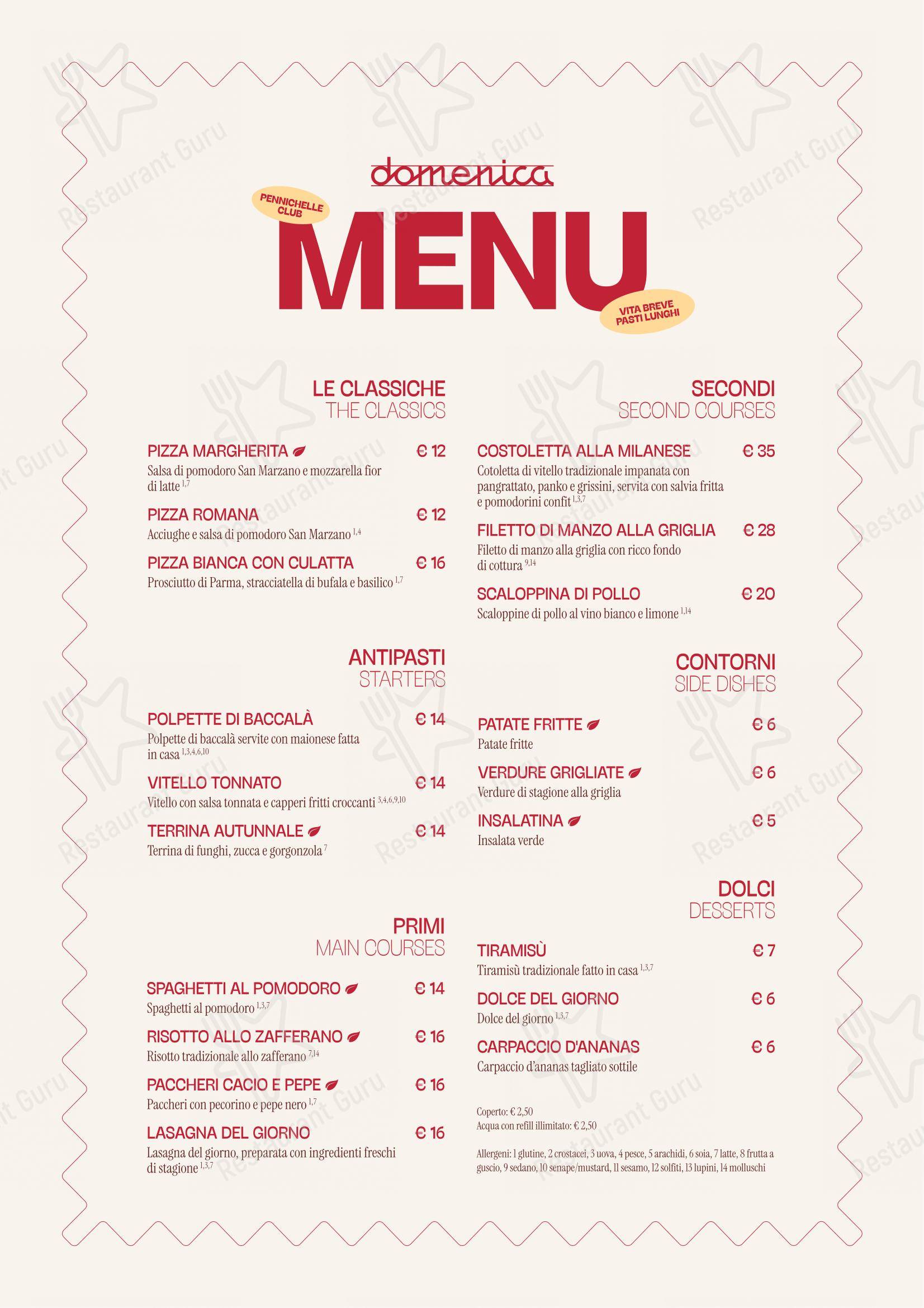 Domenica Bistrot in Milano - Основное меню