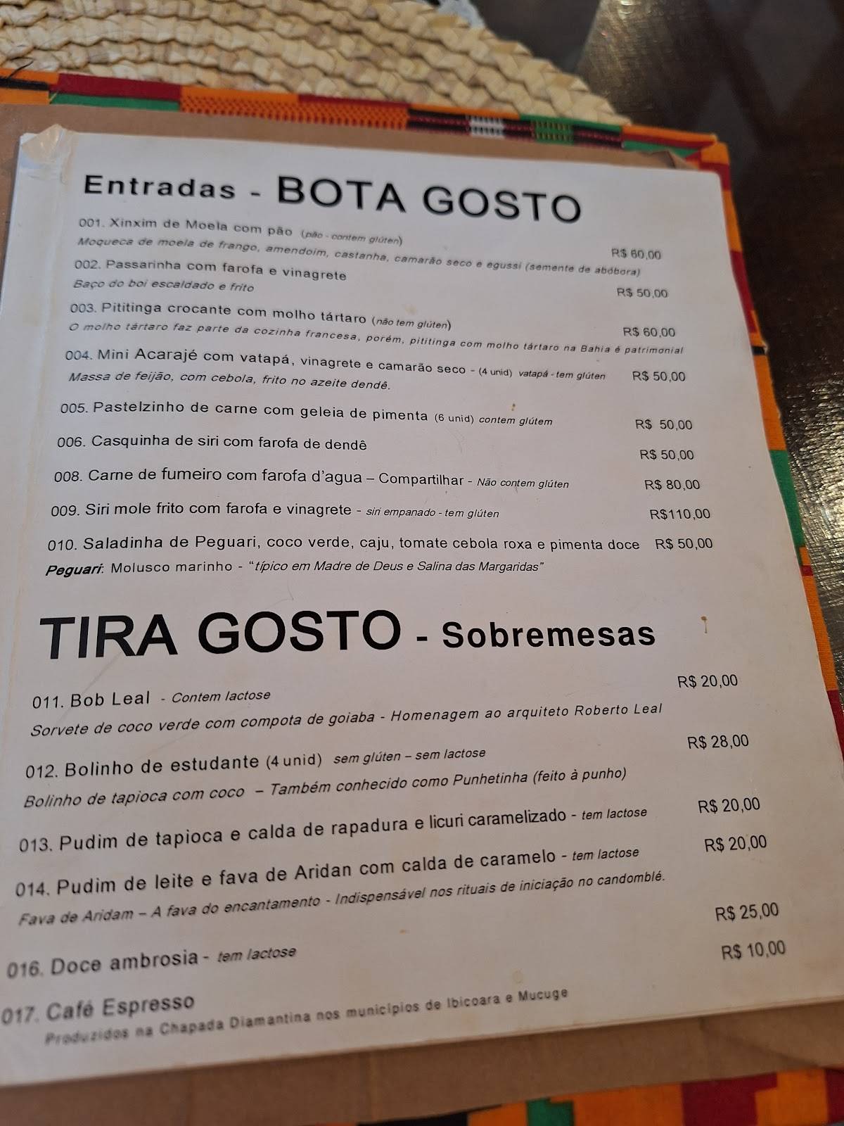 Dona Mariquita - Cozinha Patrimonial da Bahia cardápio