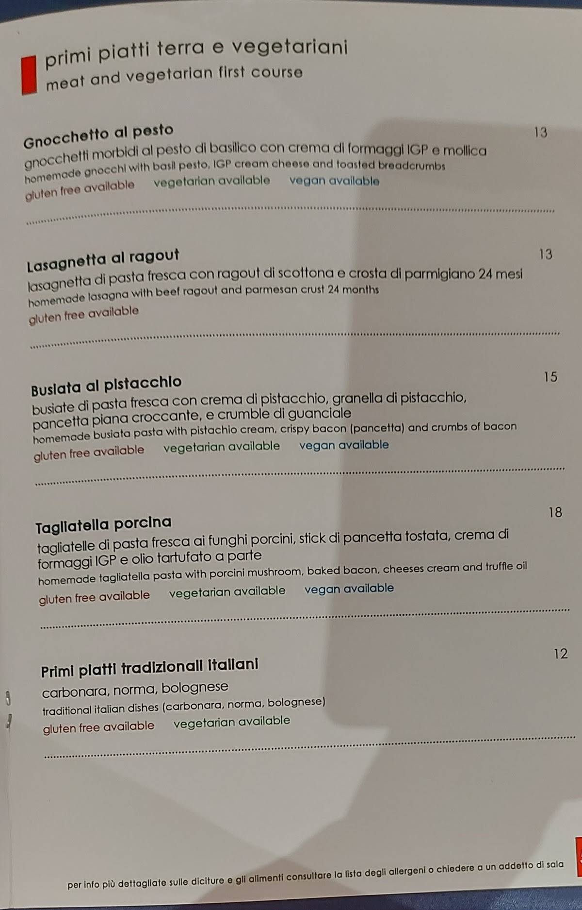 Menu di Due Pistacchi Restaurant 