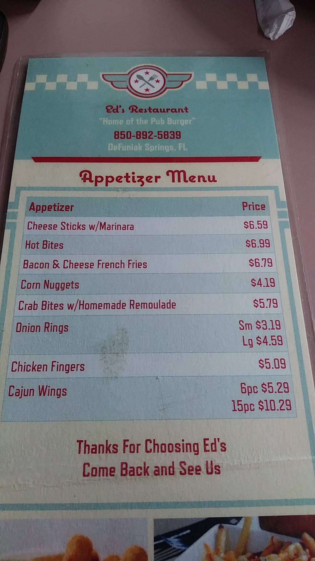 Menu at Ed's Restaurant, DeFuniak Springs, US-90