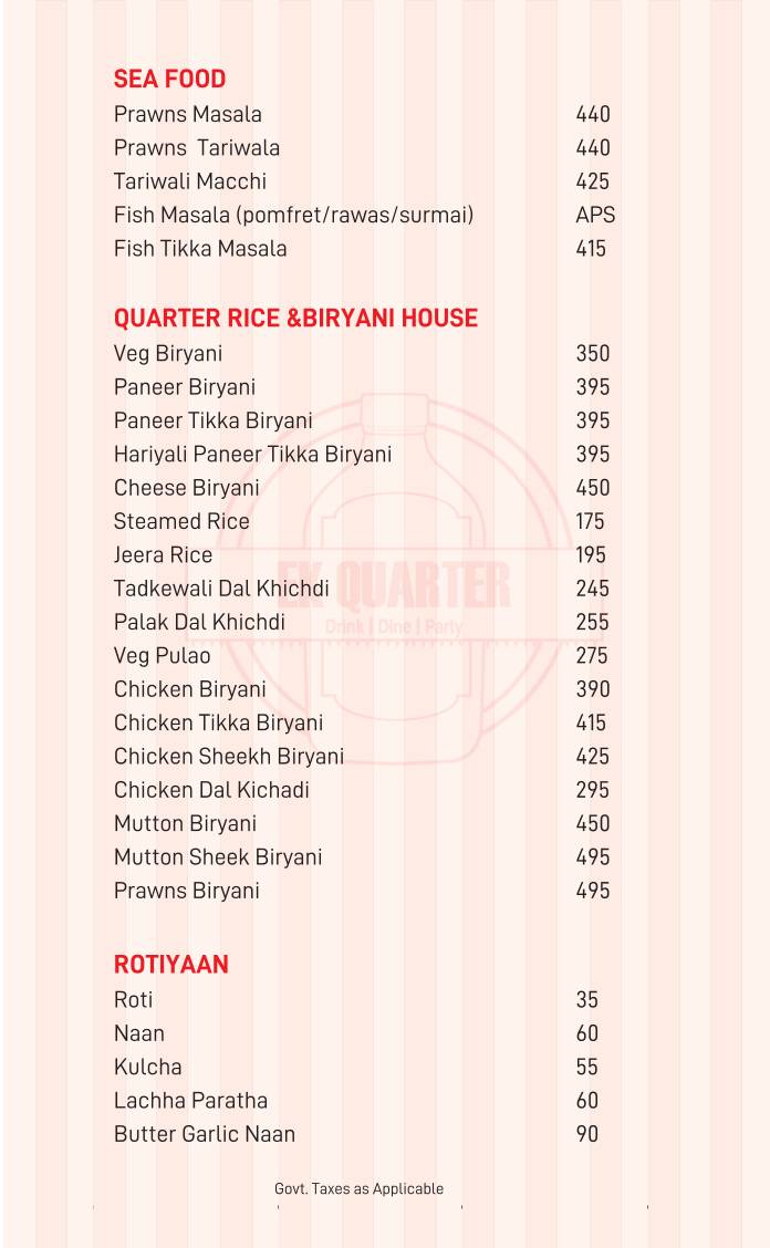 Ek Quarter menu