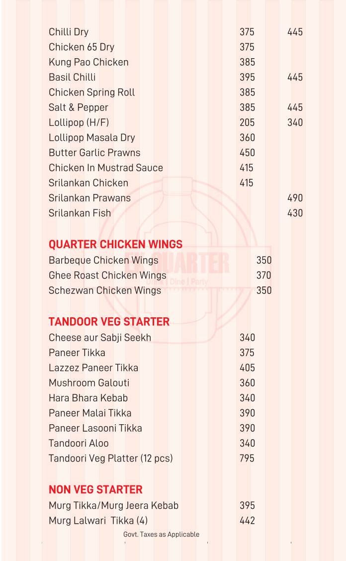 Ek Quarter menu