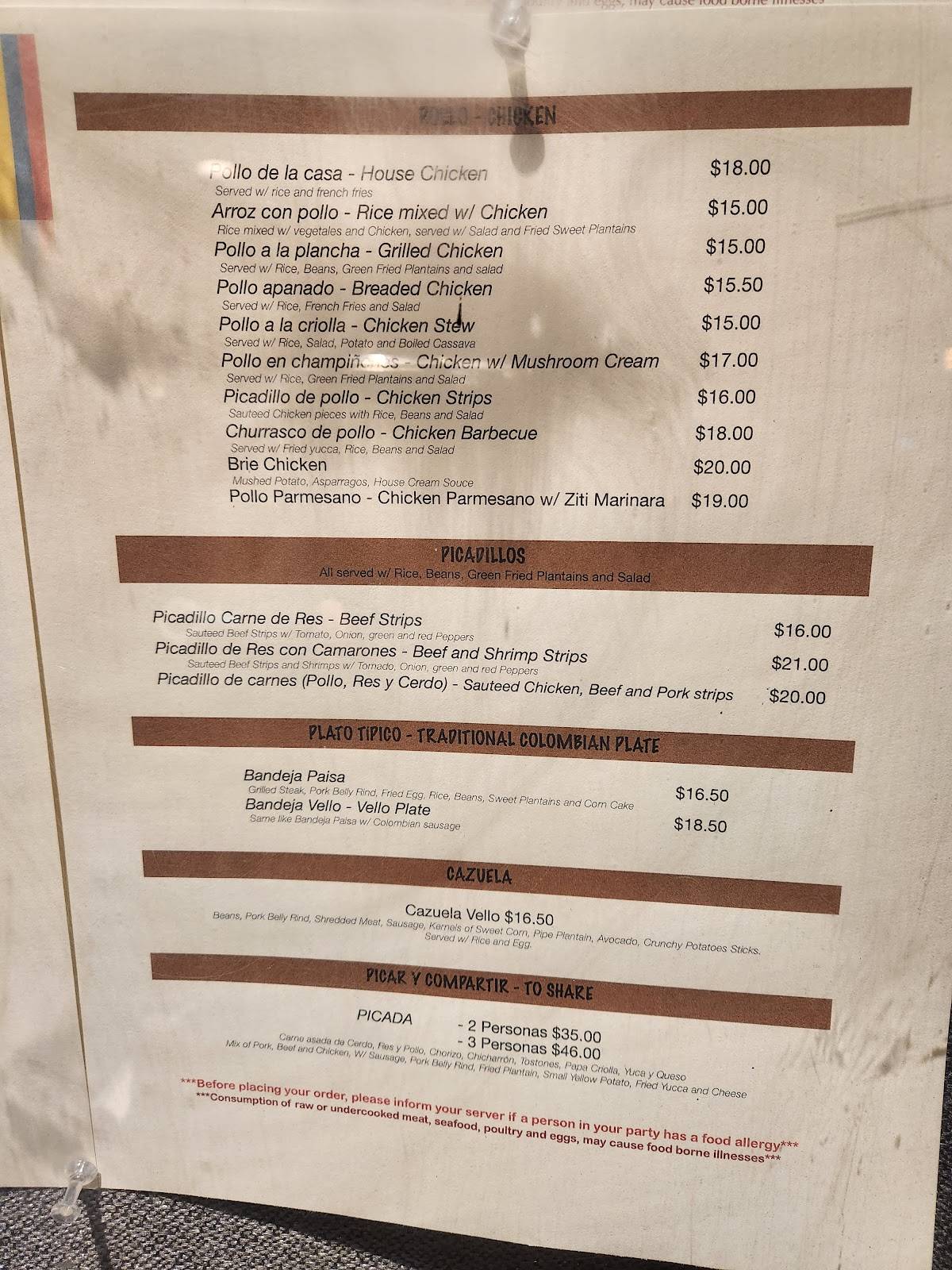 Carta del restaurante El Peñol 3, Brookline