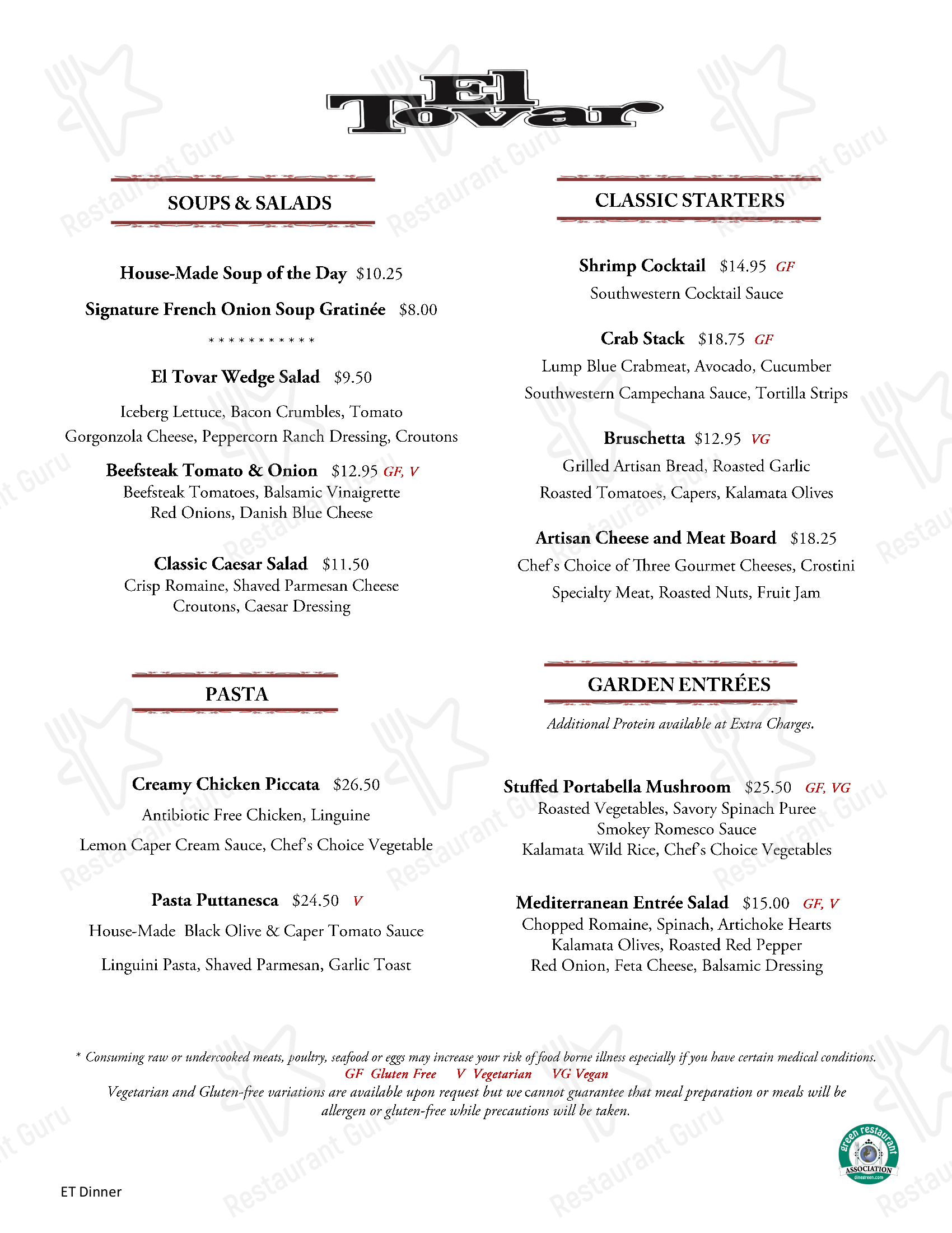 Menu at El Tovar Dining Room pub & bar, Grand Canyon Village, 1 El Tovar Rd