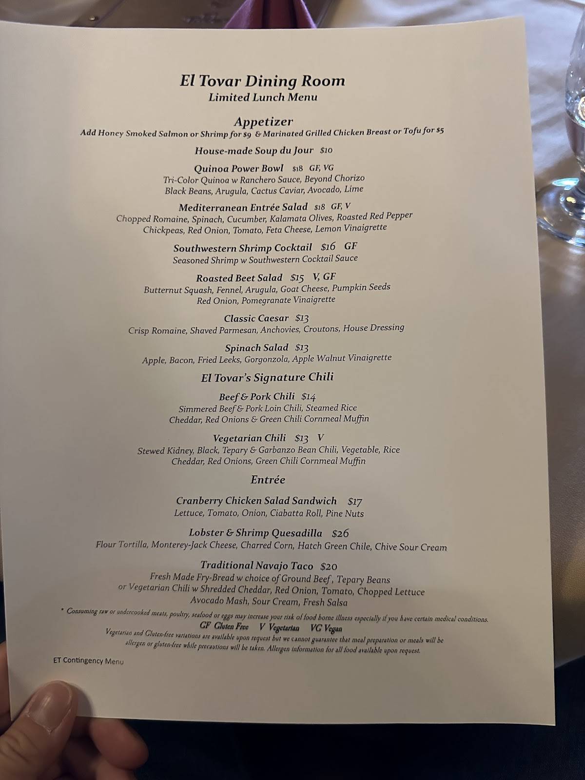 Menu at El Tovar Dining Room restaurant, Grand Canyon Village, 1 El