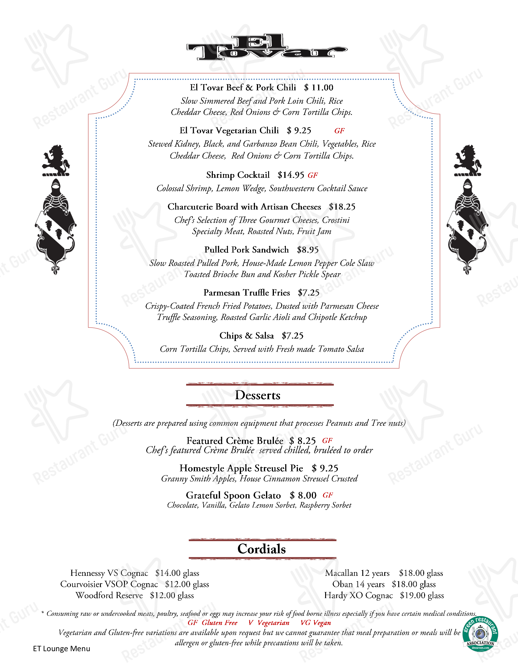 Menu at El Tovar Dining Room pub & bar, Grand Canyon Village, 1 El Tovar Rd
