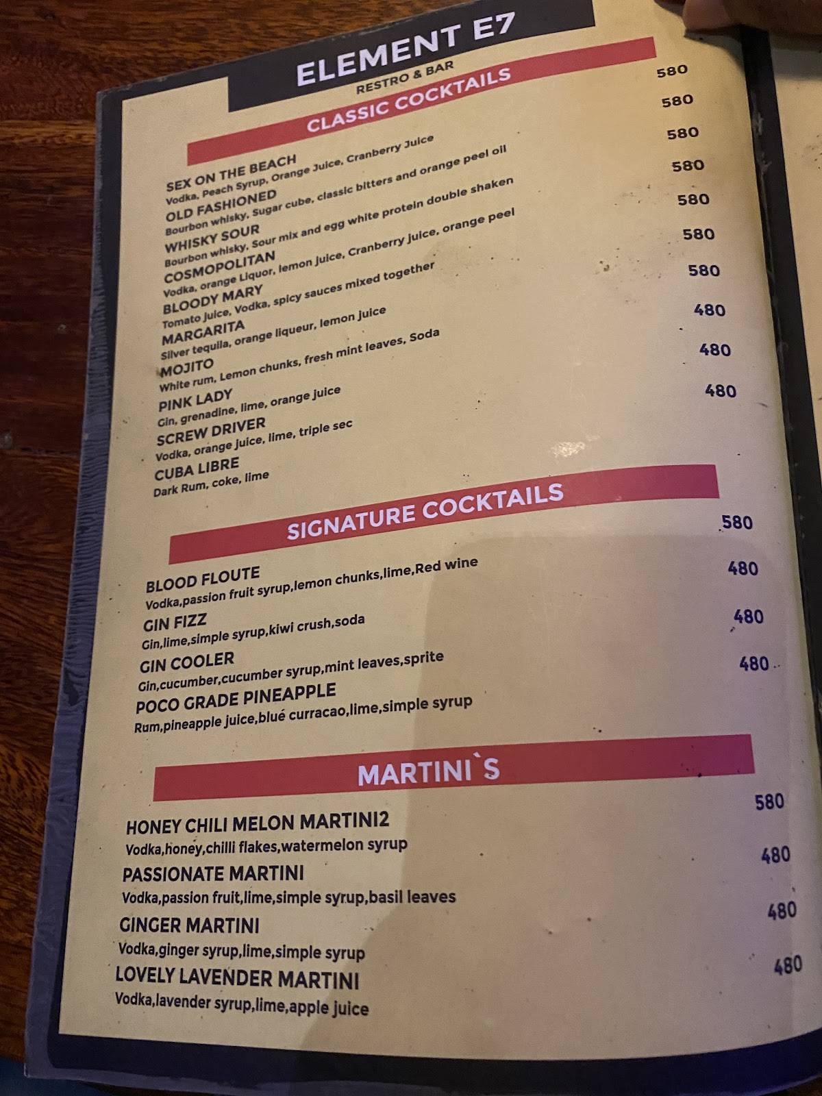 Element E7 Resto Bar menu