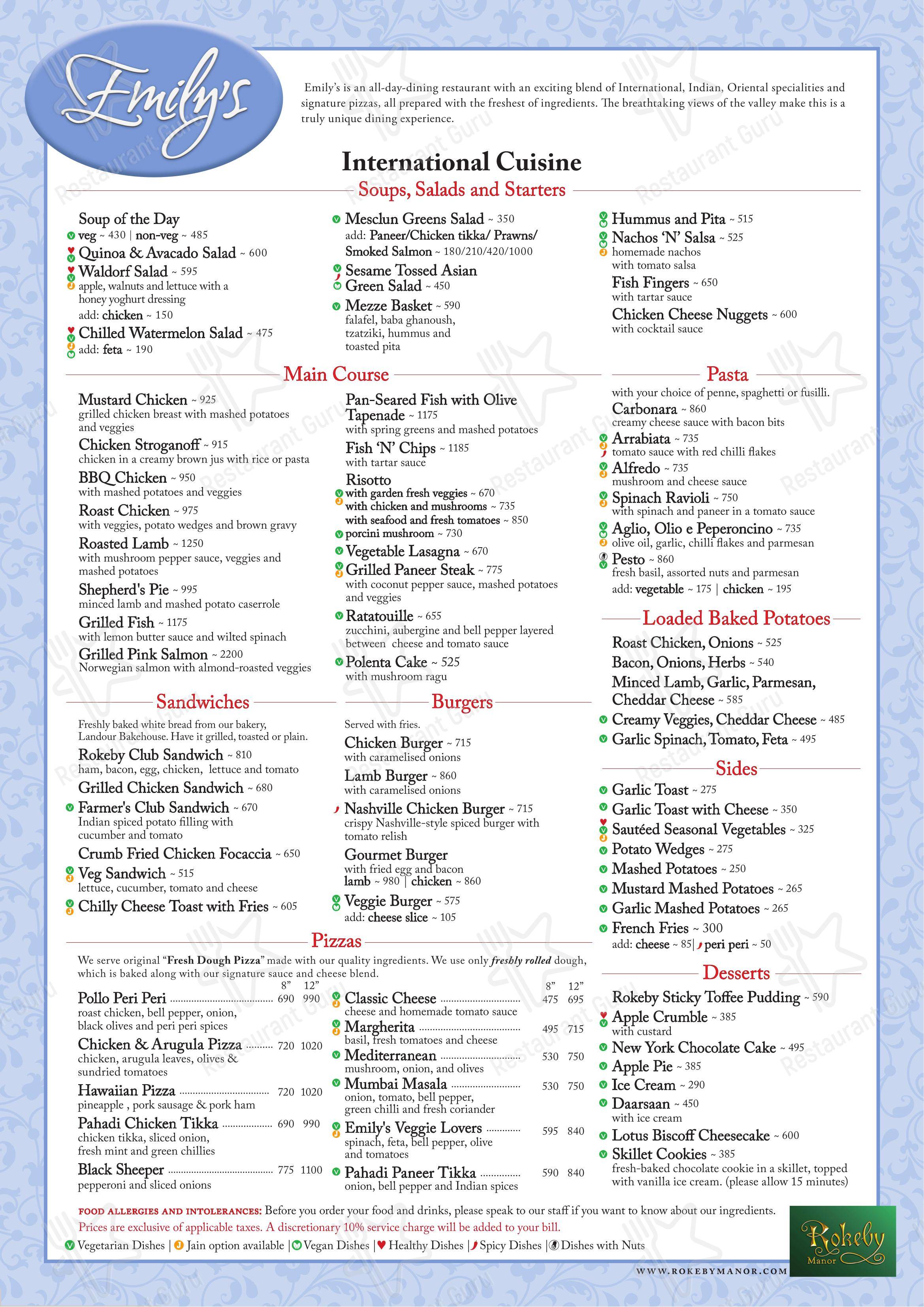 Menu bar for Emily's Mussoorie by Rokeby Manor in Mussoorie