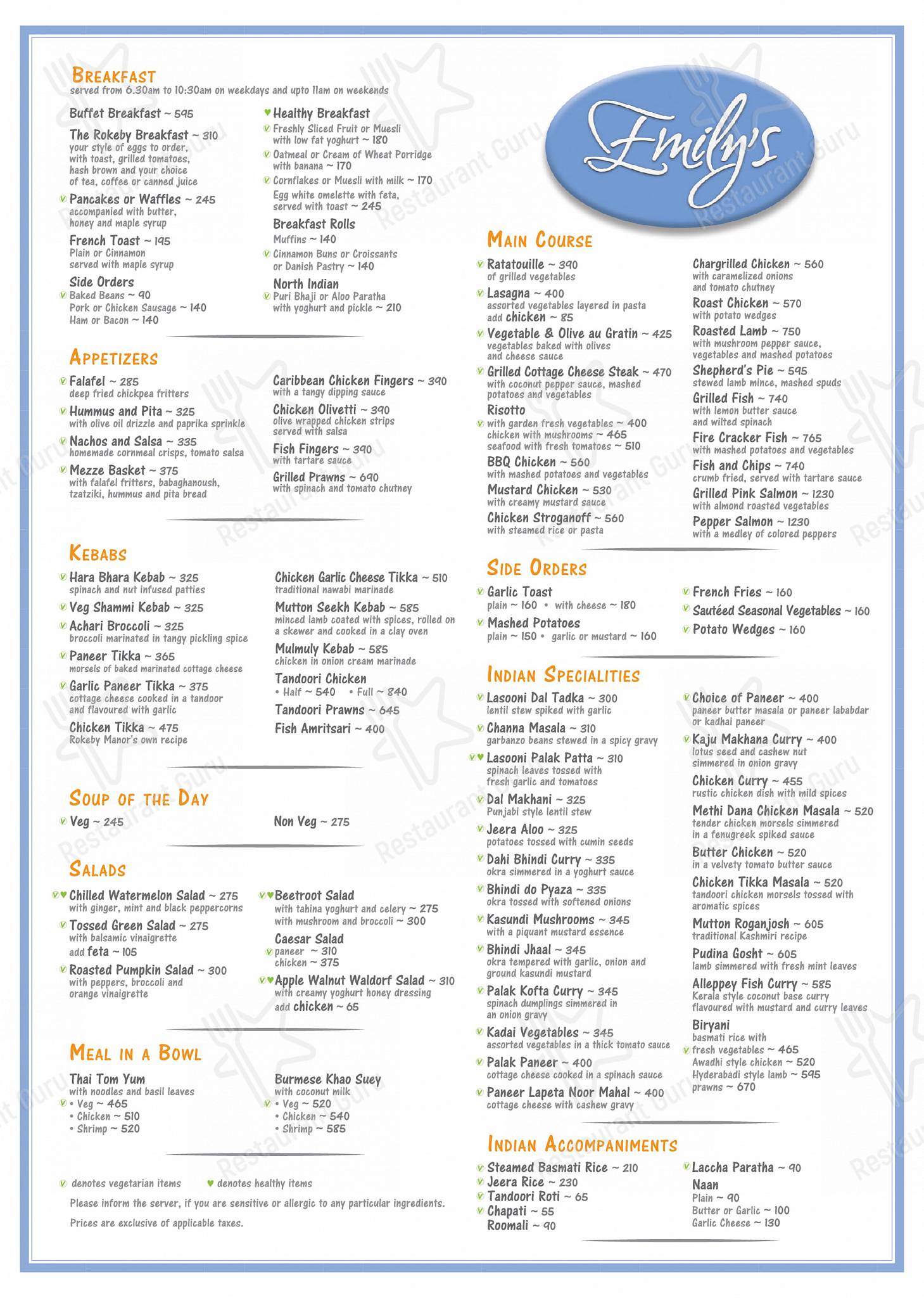 Emily's Mussoorie by Rokeby Manor - Lunch menu