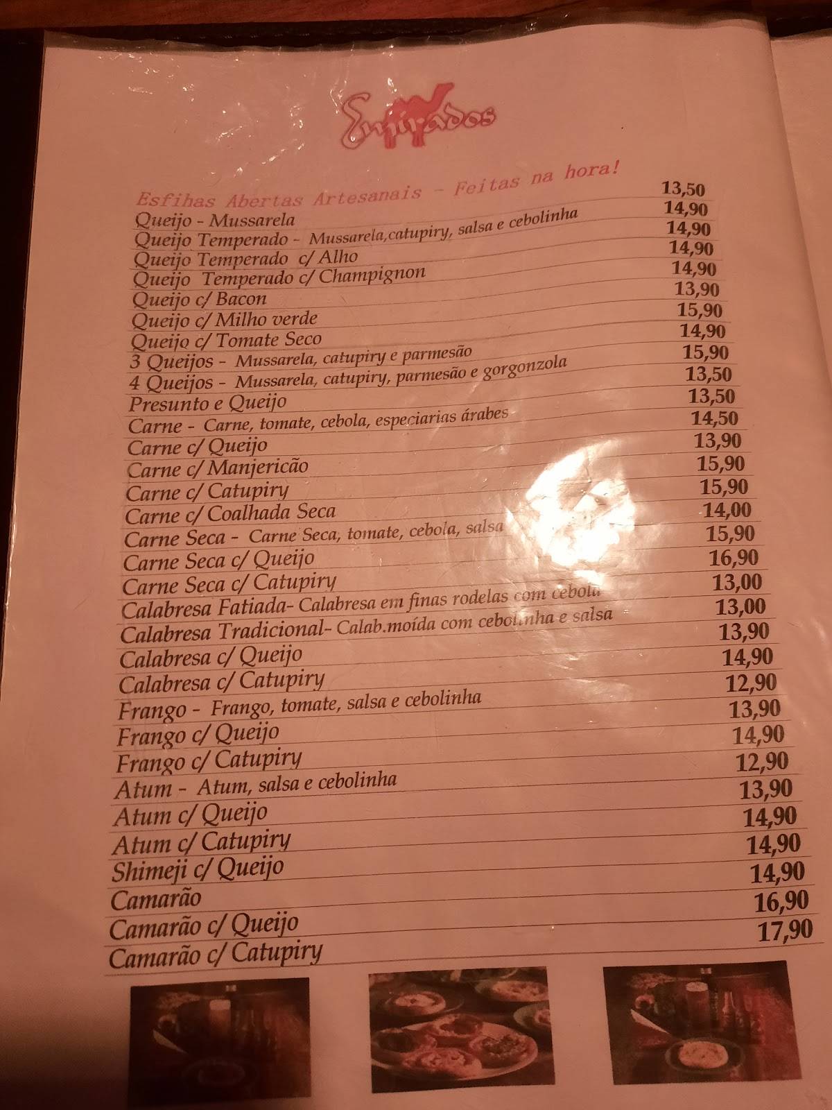 Emirados Esfiharia (Paraty RJ) cardápio
