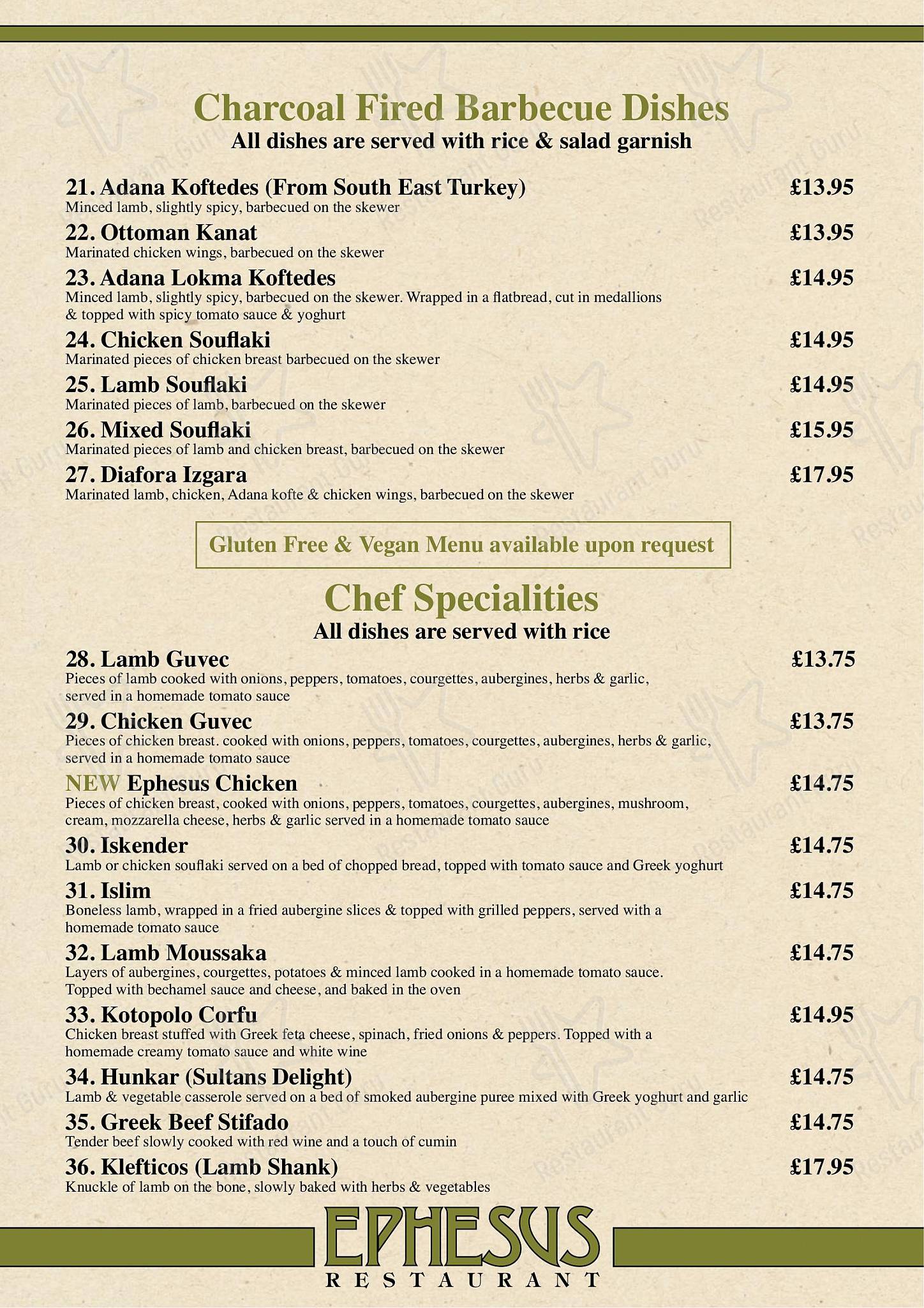 Menu at Ephesus Restaurant Torquay, Torquay