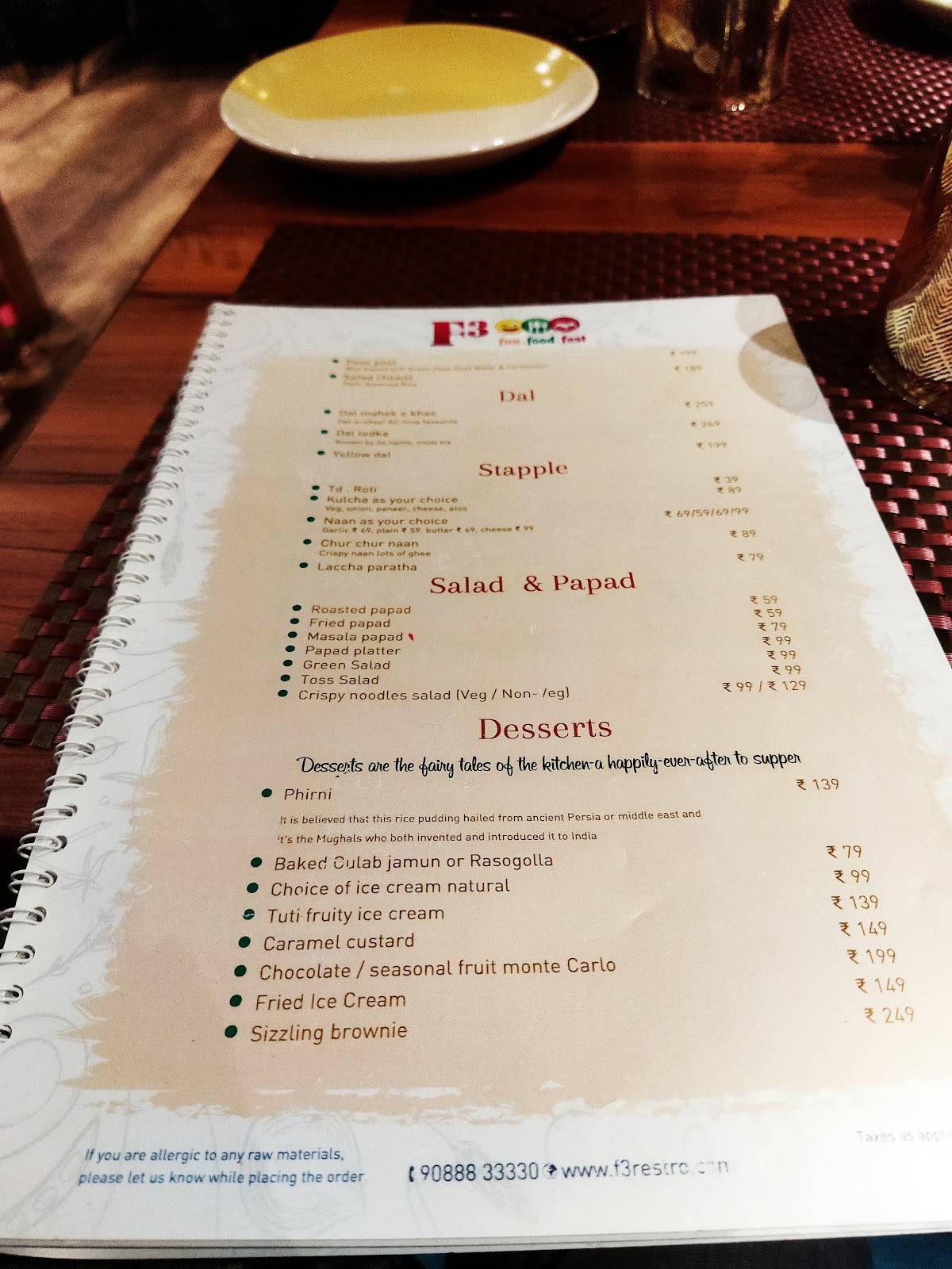 F3 Fun Food Fest Restaurant & Bar menu