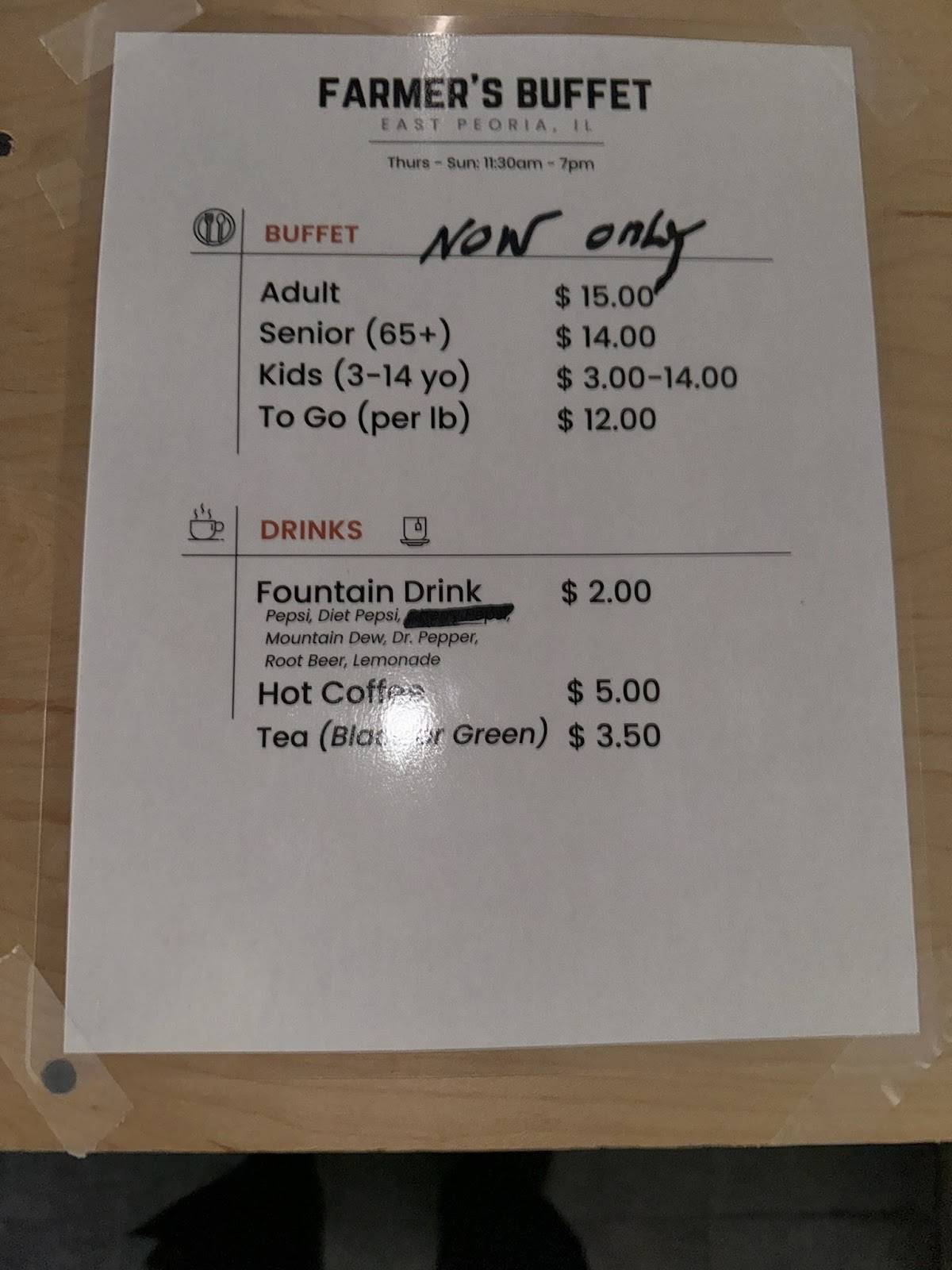 Menu at Farmers Buffet restaurant, USA