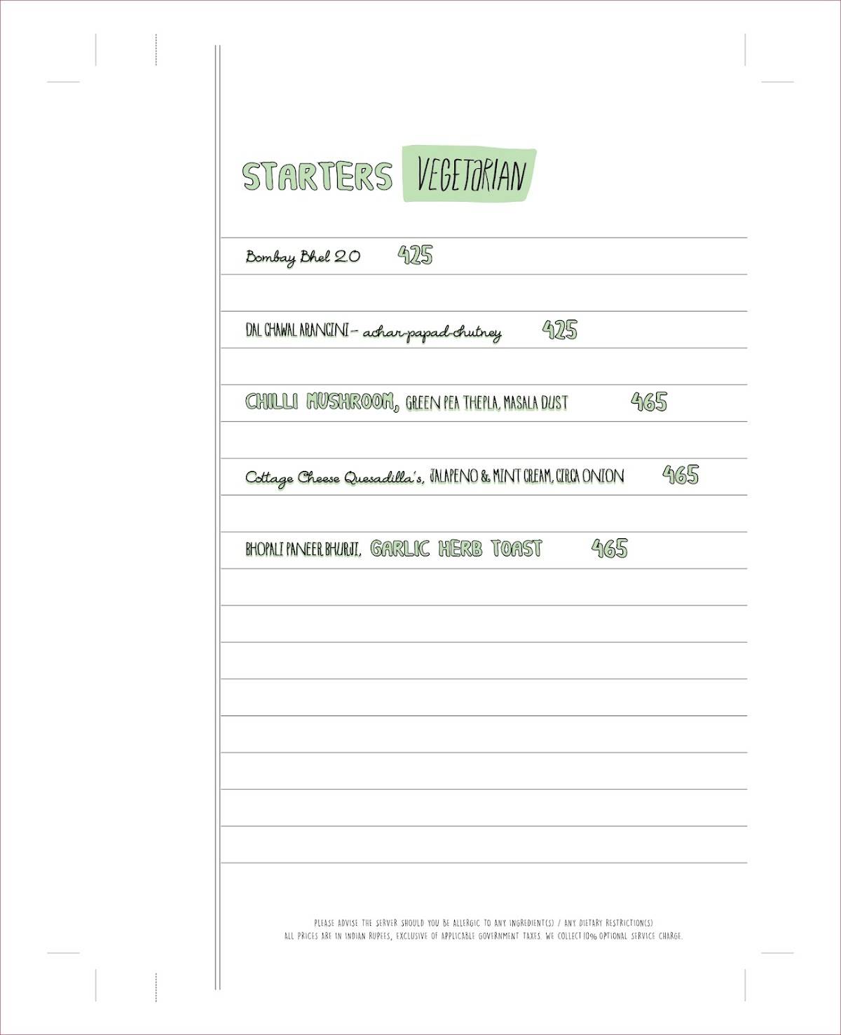 Farzi Cafe, Bhopal menu