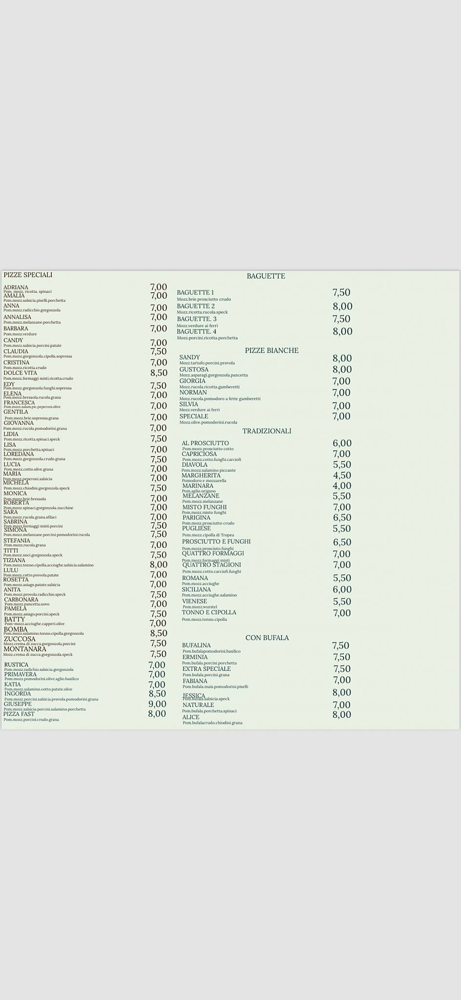Menu di Fast Pizza 