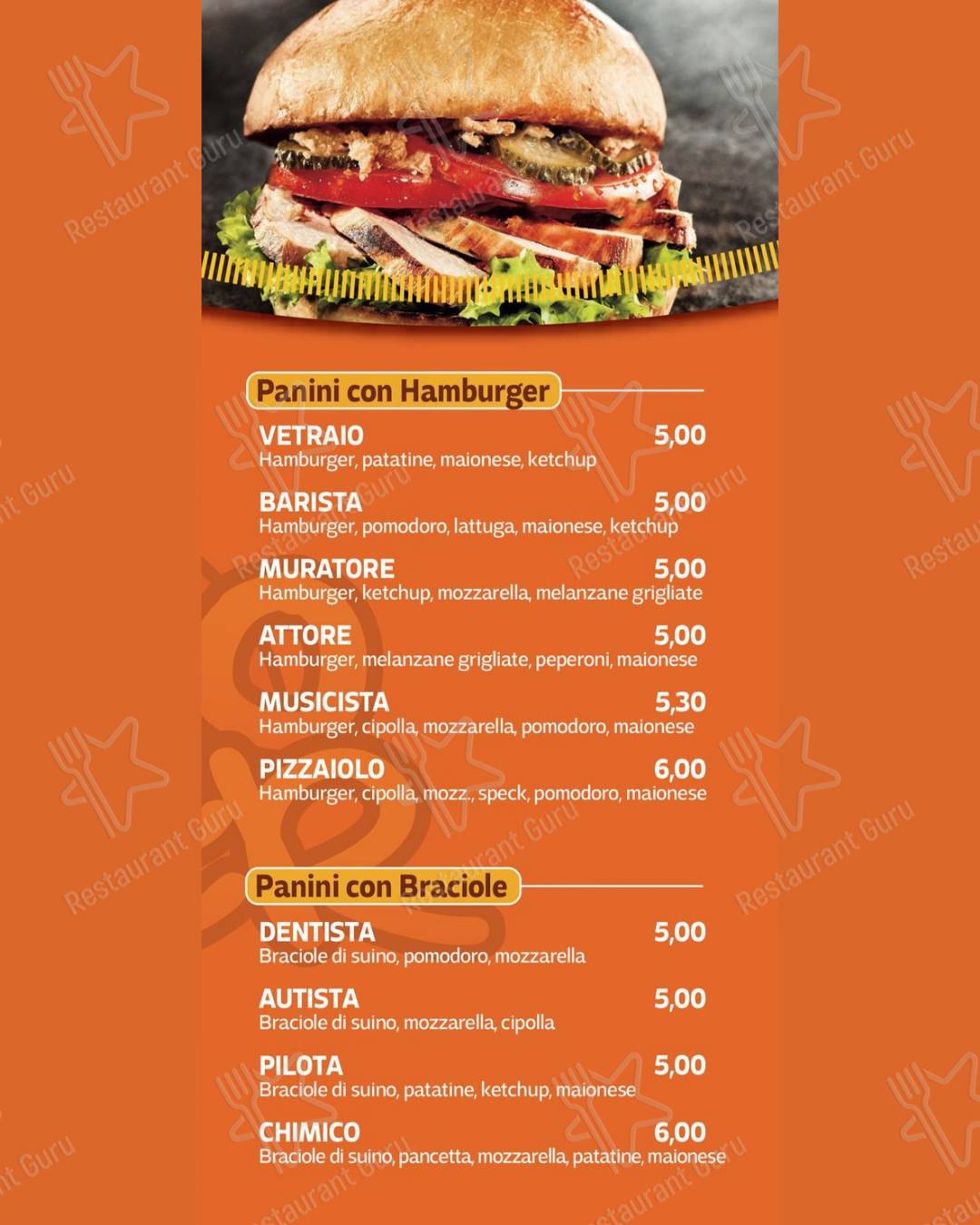 Menu di Chicco burger - piatti e bevande
