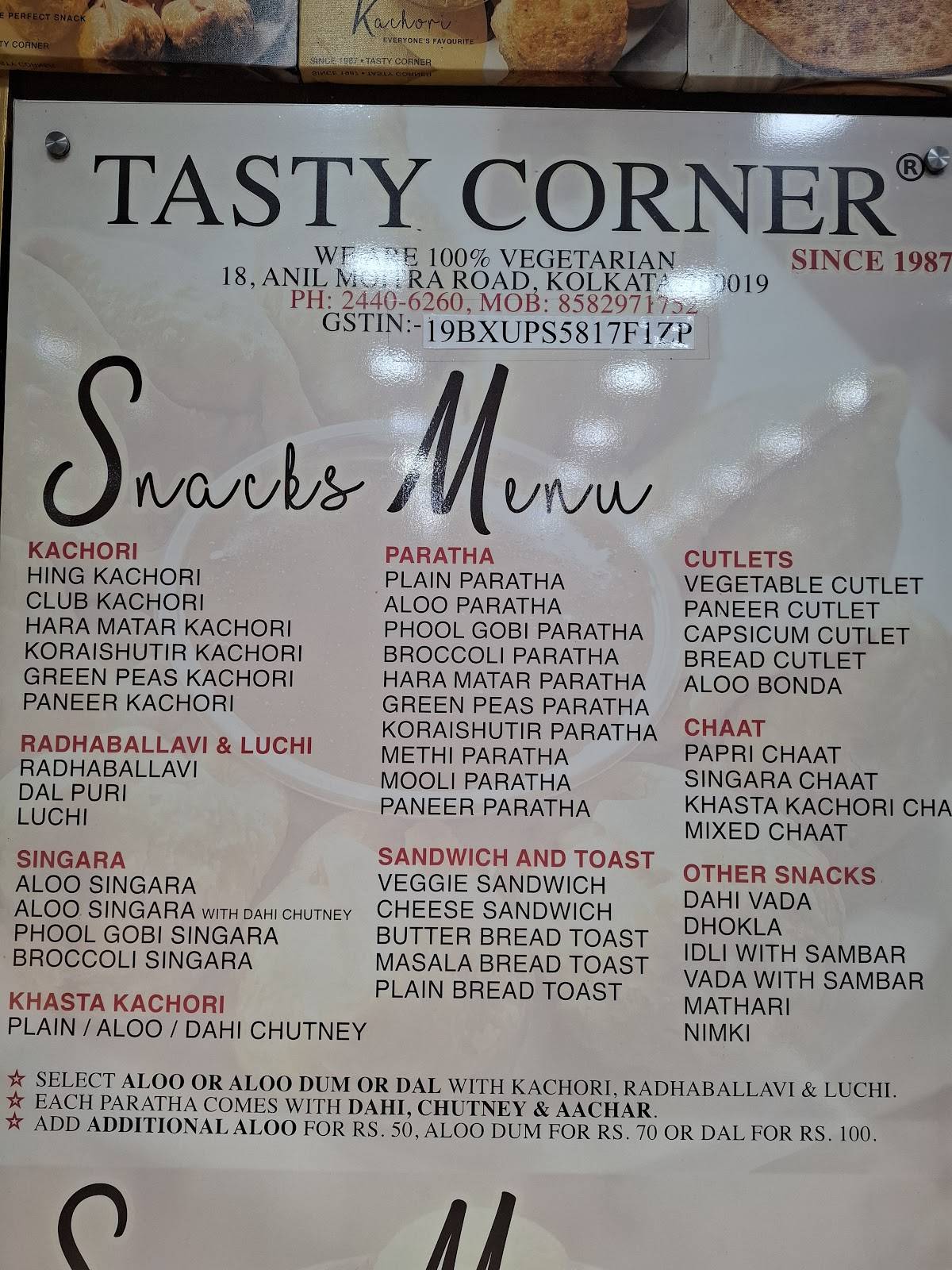 Tasty Corner menu