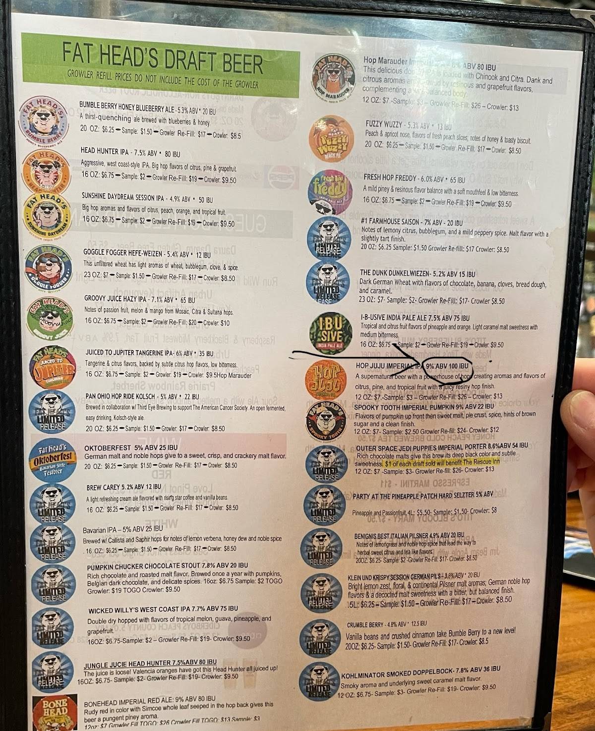 Menu at Fat Head's Brewery restaurant, Middleburg Heights