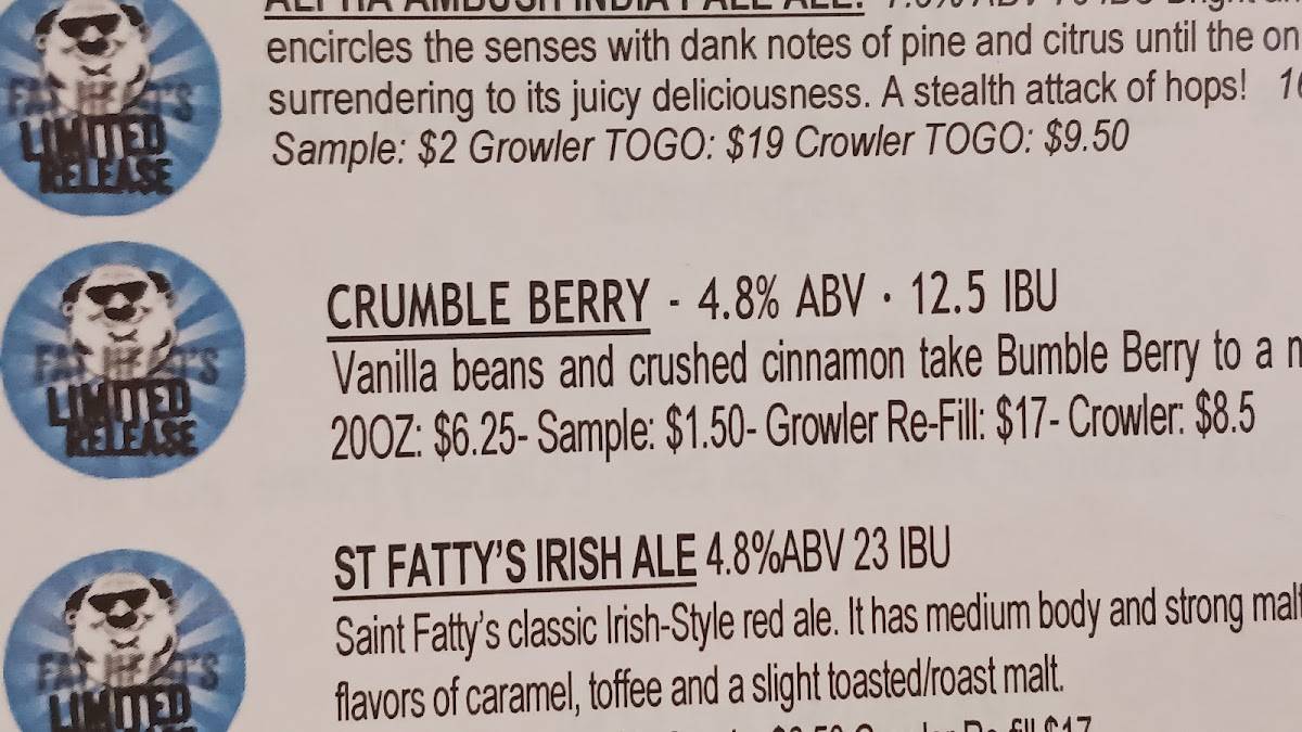 Menu at Fat Head's Brewery restaurant, Middleburg Heights