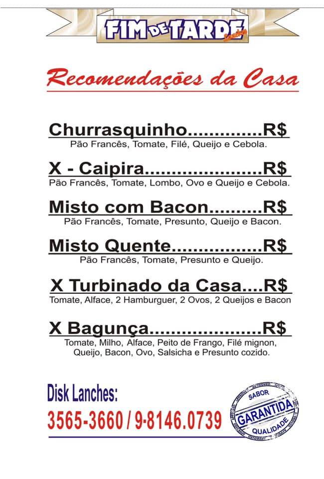 Fim de Tarde Lanches cardápio