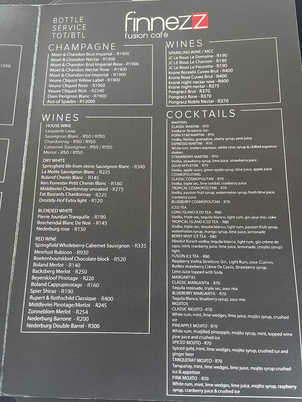 Menu at Finnezz Restaurant & Cocktail Cafe, Port Elizabeth, 7 Oakworth Road
