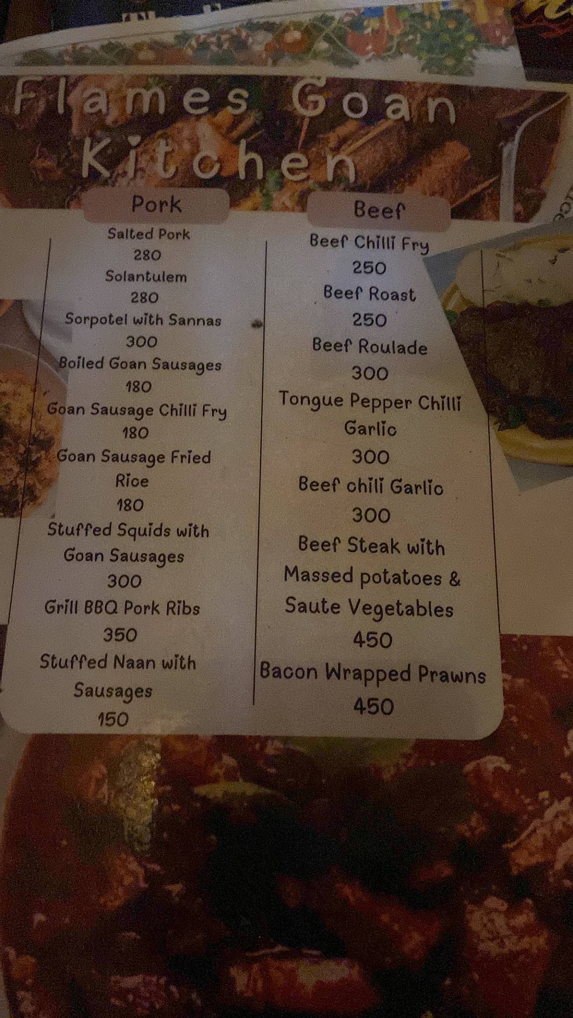Flames Restaurant menu