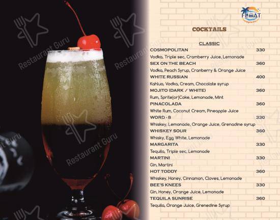 Menu for the Float Gastro Pub pub & bar