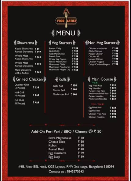 Food Artist menu