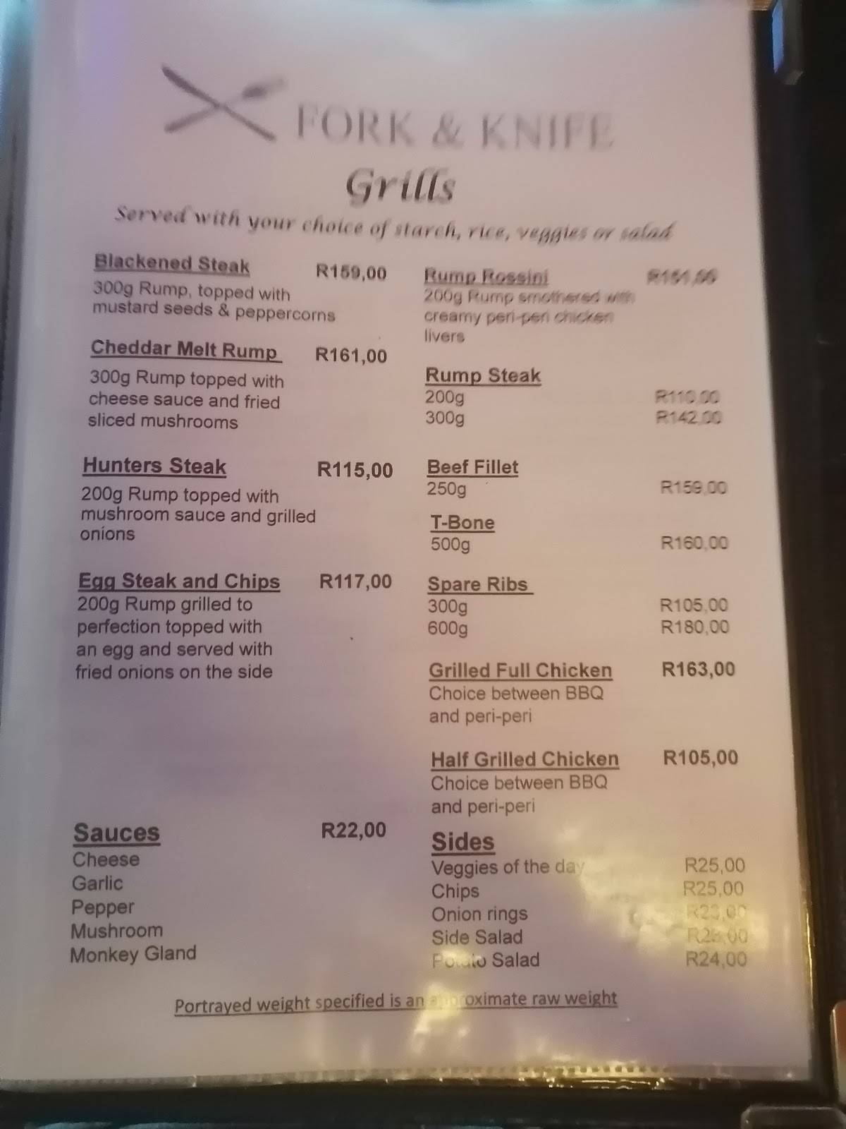 Menu at Fork and Knife Restaurant, Hartbeespoort