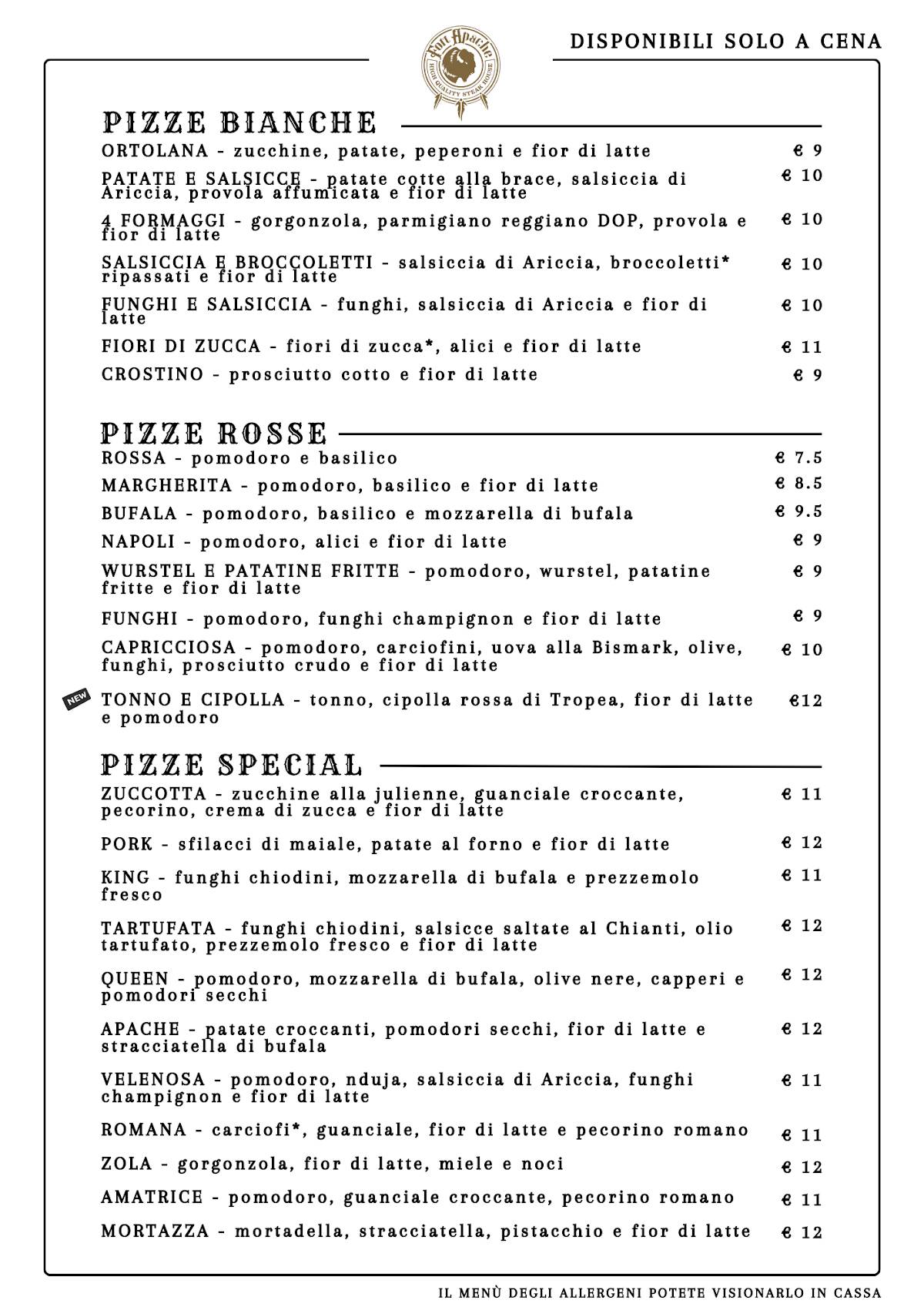 Menu di Fort Apache Capannelle 