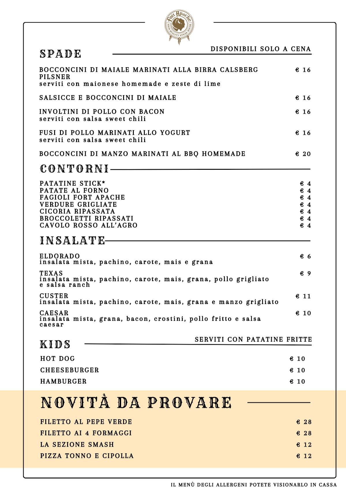 Menu di Fort Apache Capannelle 