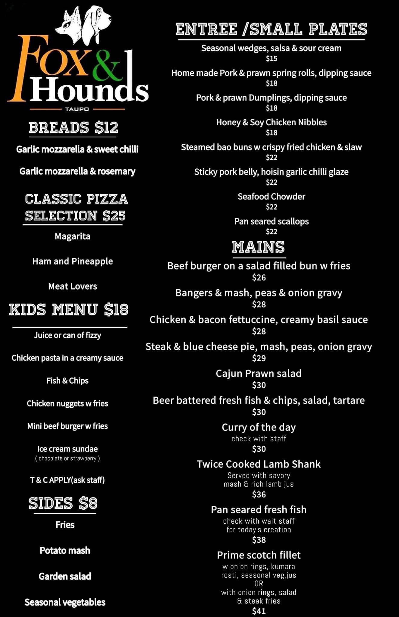 Menu at Fox & Hounds restaurant, Taupo